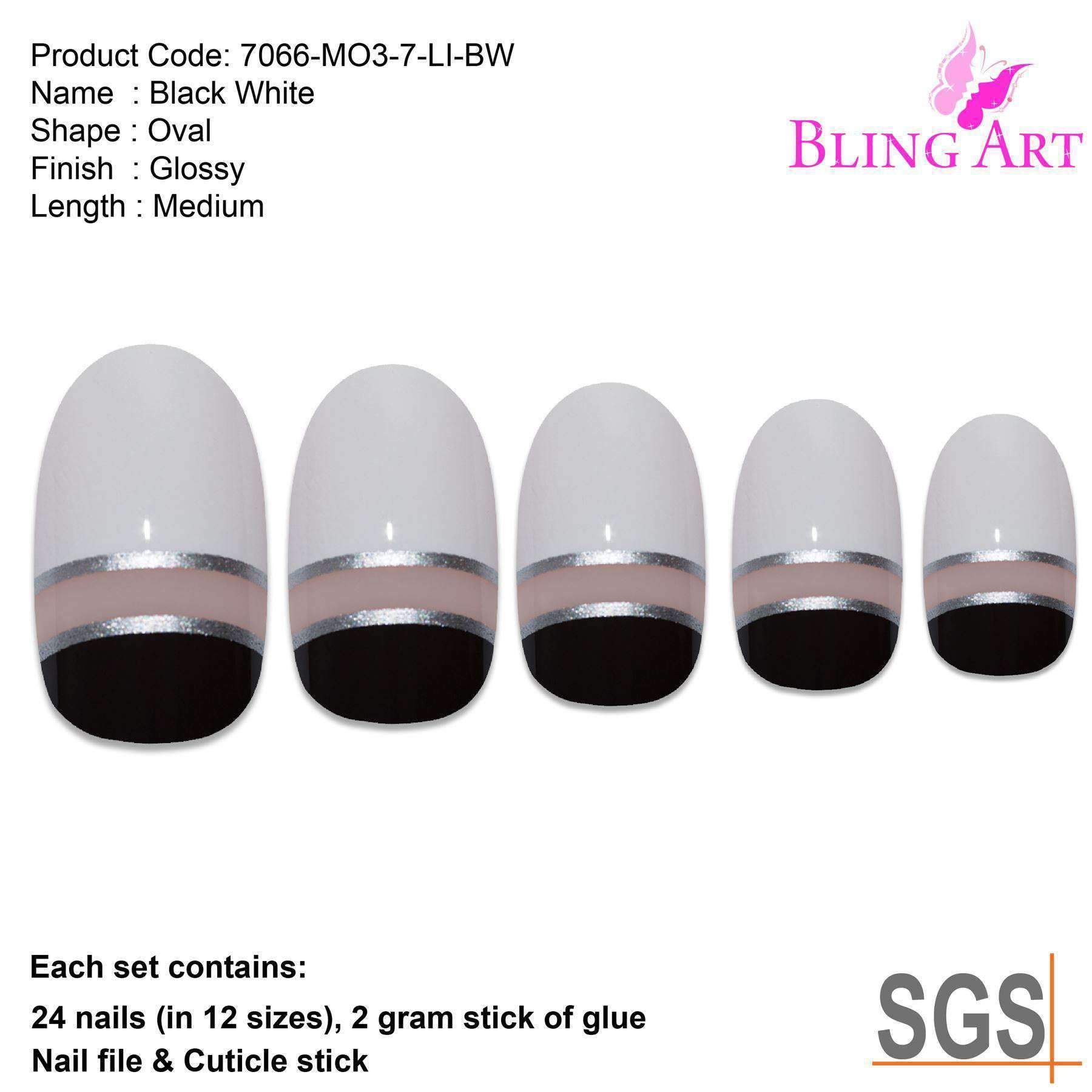 Bling Art Black White Glossy Oval Medium Fake Nails set with 24 acrylic tips, glue, nail file, and cuticle stick displayed elegantly.