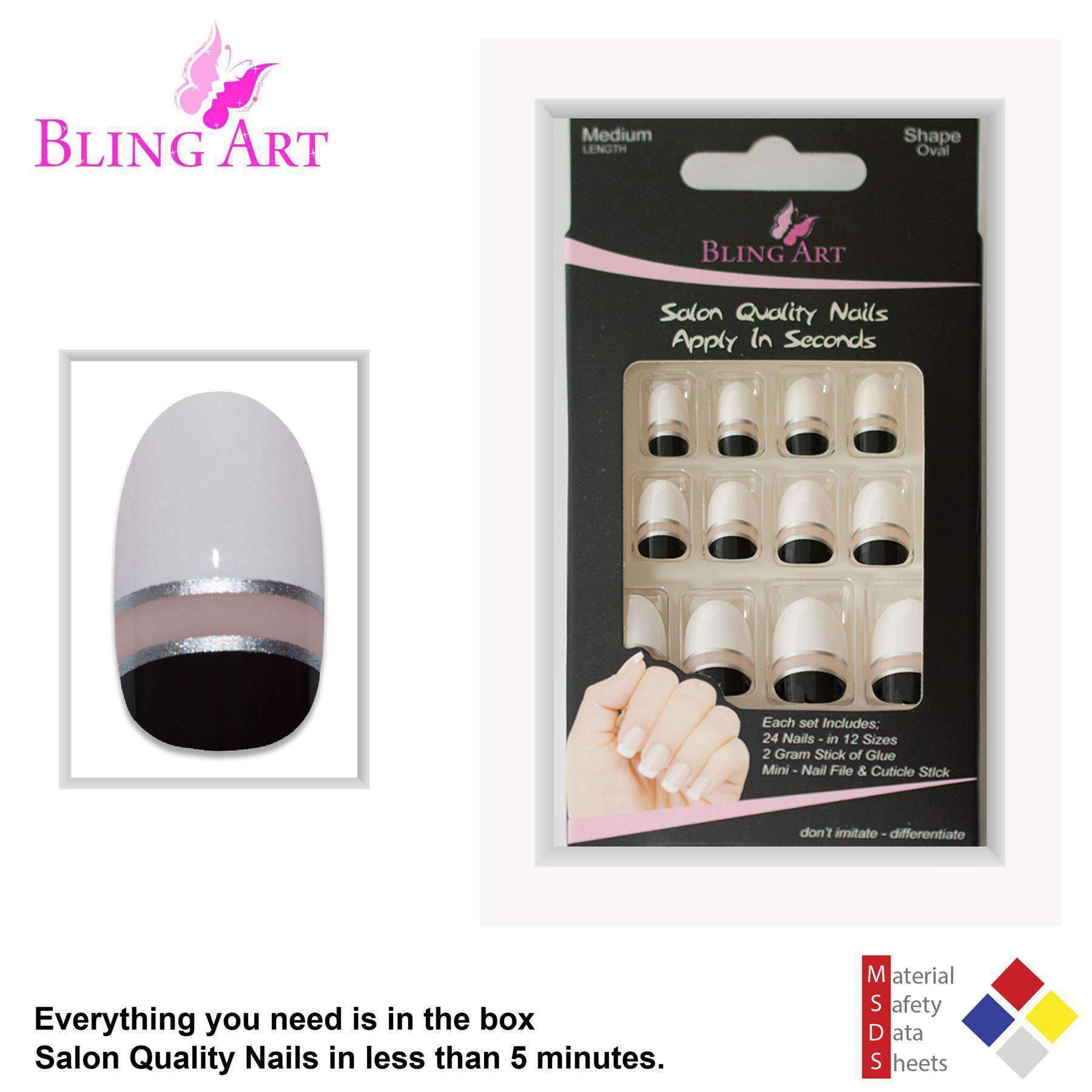 Bling Art Black White Glossy Oval Medium Fake Nails set with 24 acrylic tips, glue, nail file, and cuticle stick displayed elegantly.