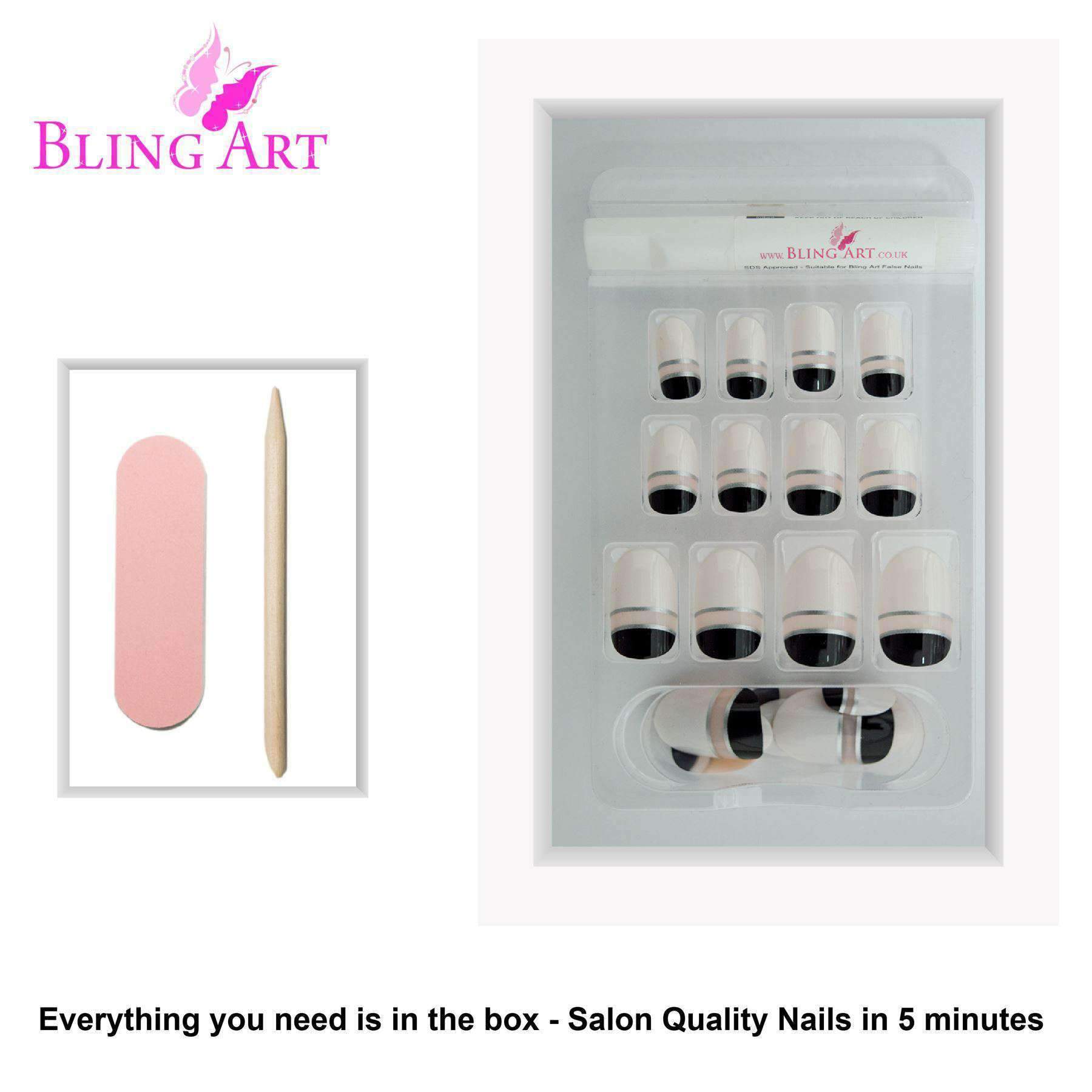 Bling Art Black White Glossy Oval Medium Fake Nails set with 24 acrylic tips, glue, nail file, and cuticle stick displayed elegantly.