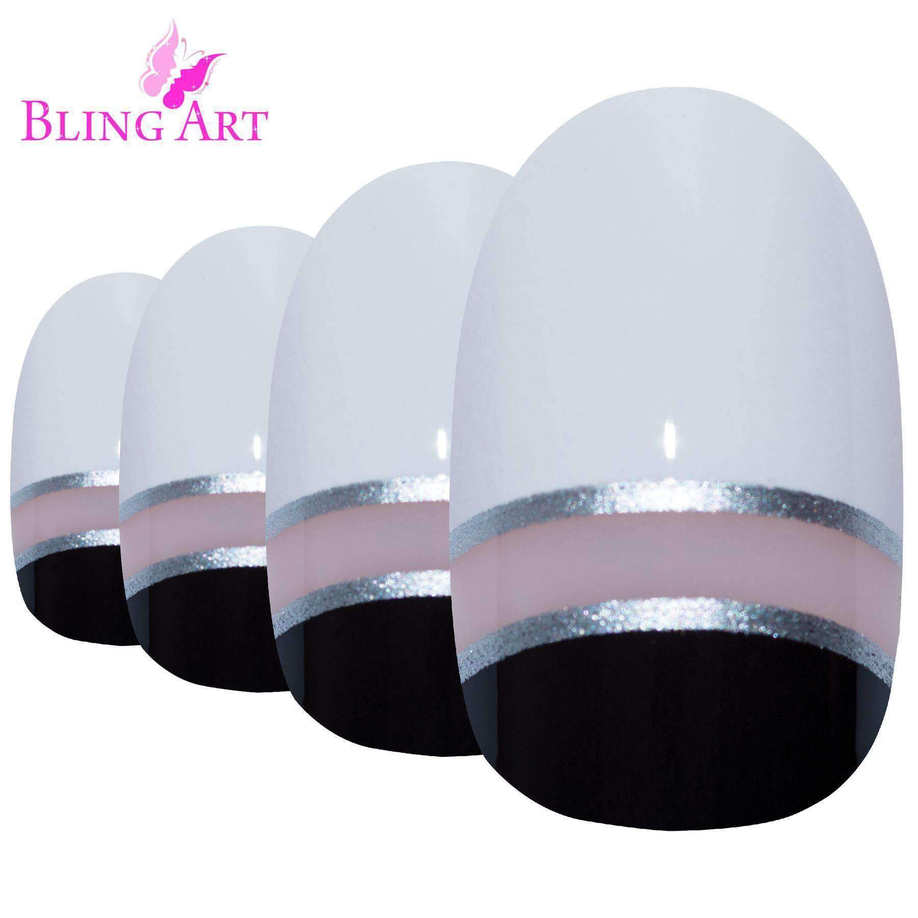 Bling Art Black White Glossy Oval Medium Fake Nails set with 24 acrylic tips, glue, nail file, and cuticle stick displayed elegantly.