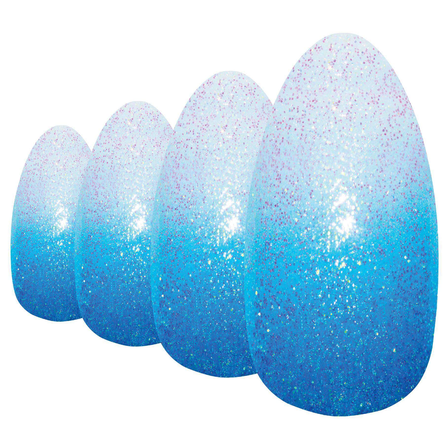 Bling Art Blue Gel Ombre Almond Stiletto Fake Nails set with 24 acrylic tips, glue, nail file, and cuticle stick.