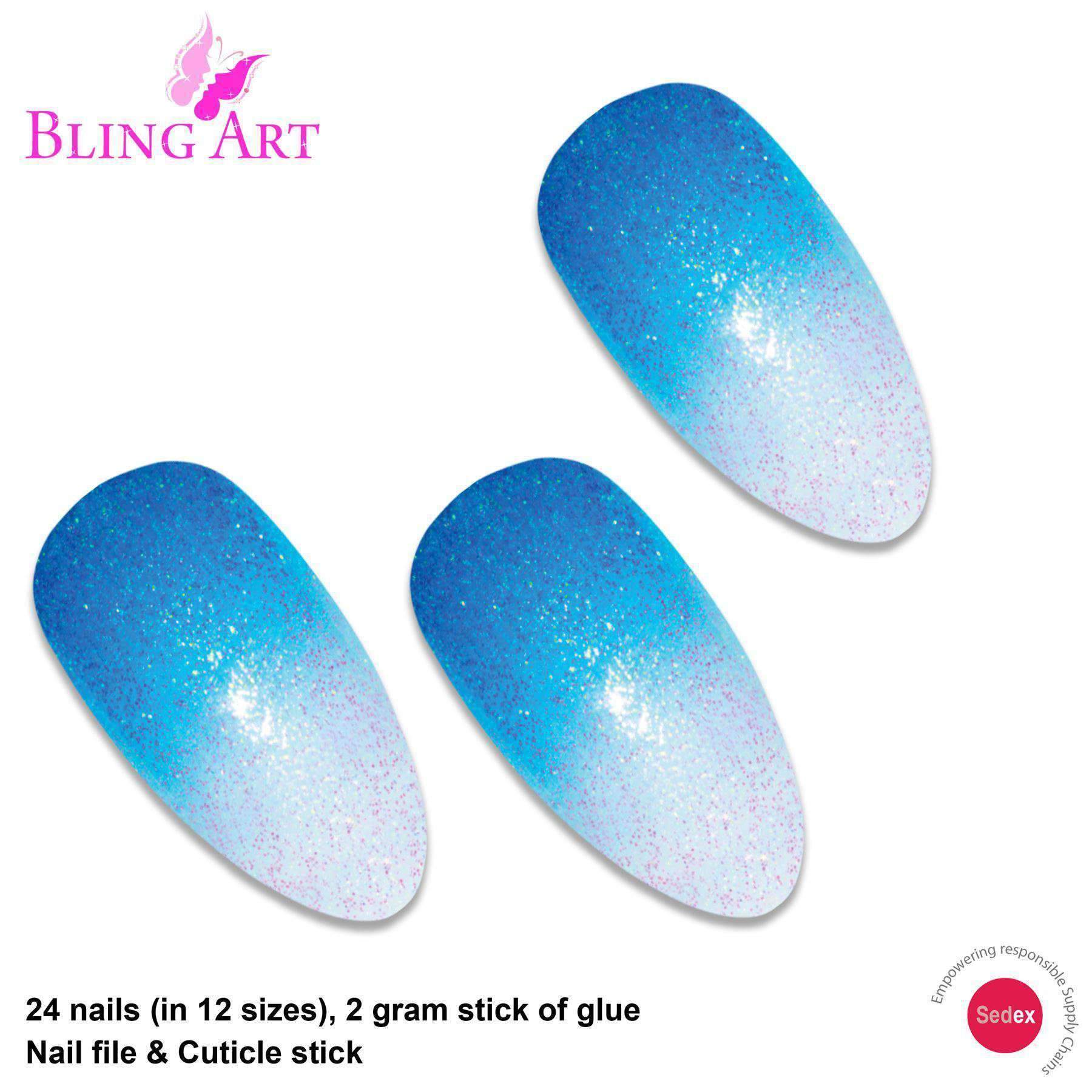 Bling Art Blue Gel Ombre Almond Stiletto Fake Nails set with 24 acrylic tips, glue, nail file, and cuticle stick.