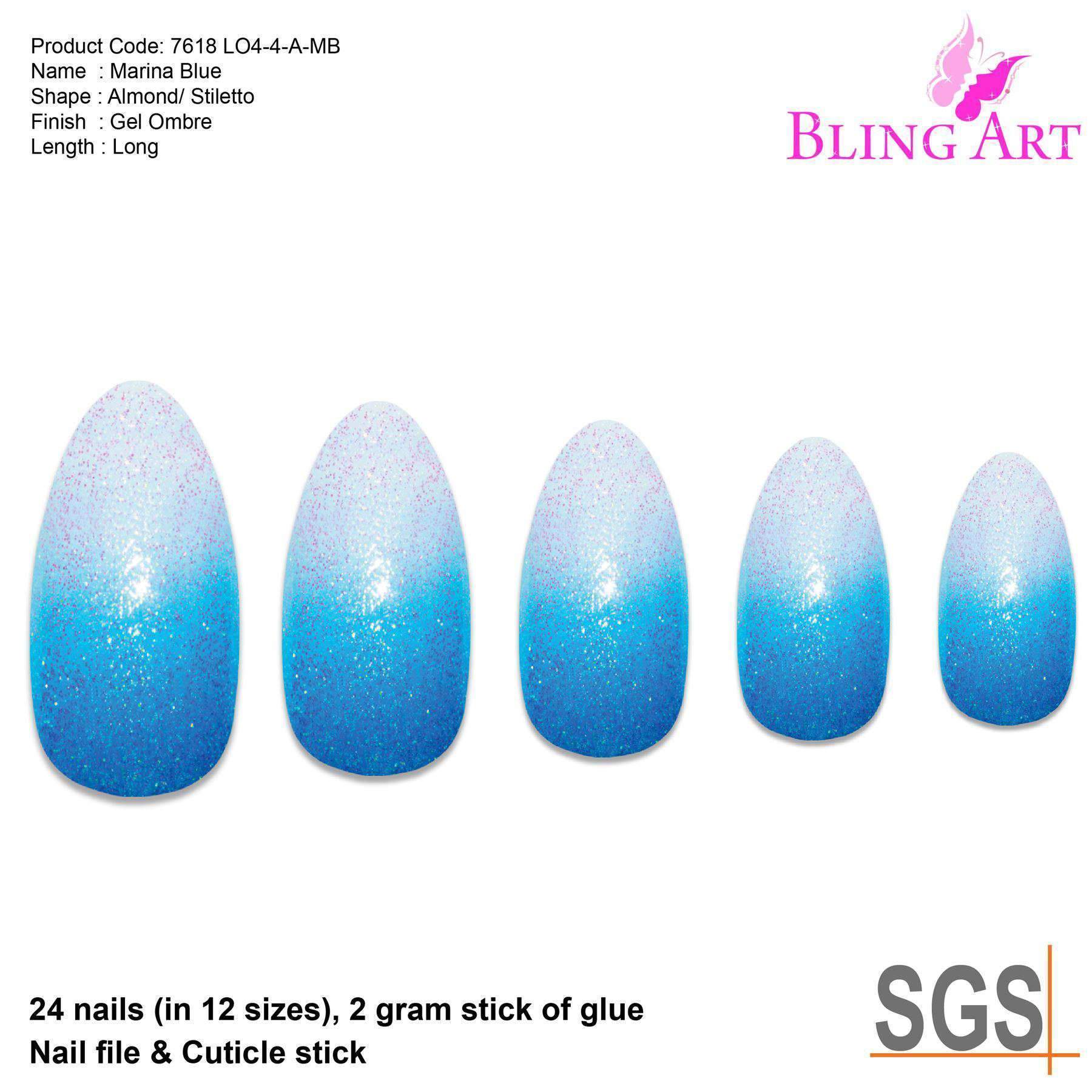 Bling Art Blue Gel Ombre Almond Stiletto Fake Nails set with 24 acrylic tips, glue, nail file, and cuticle stick.