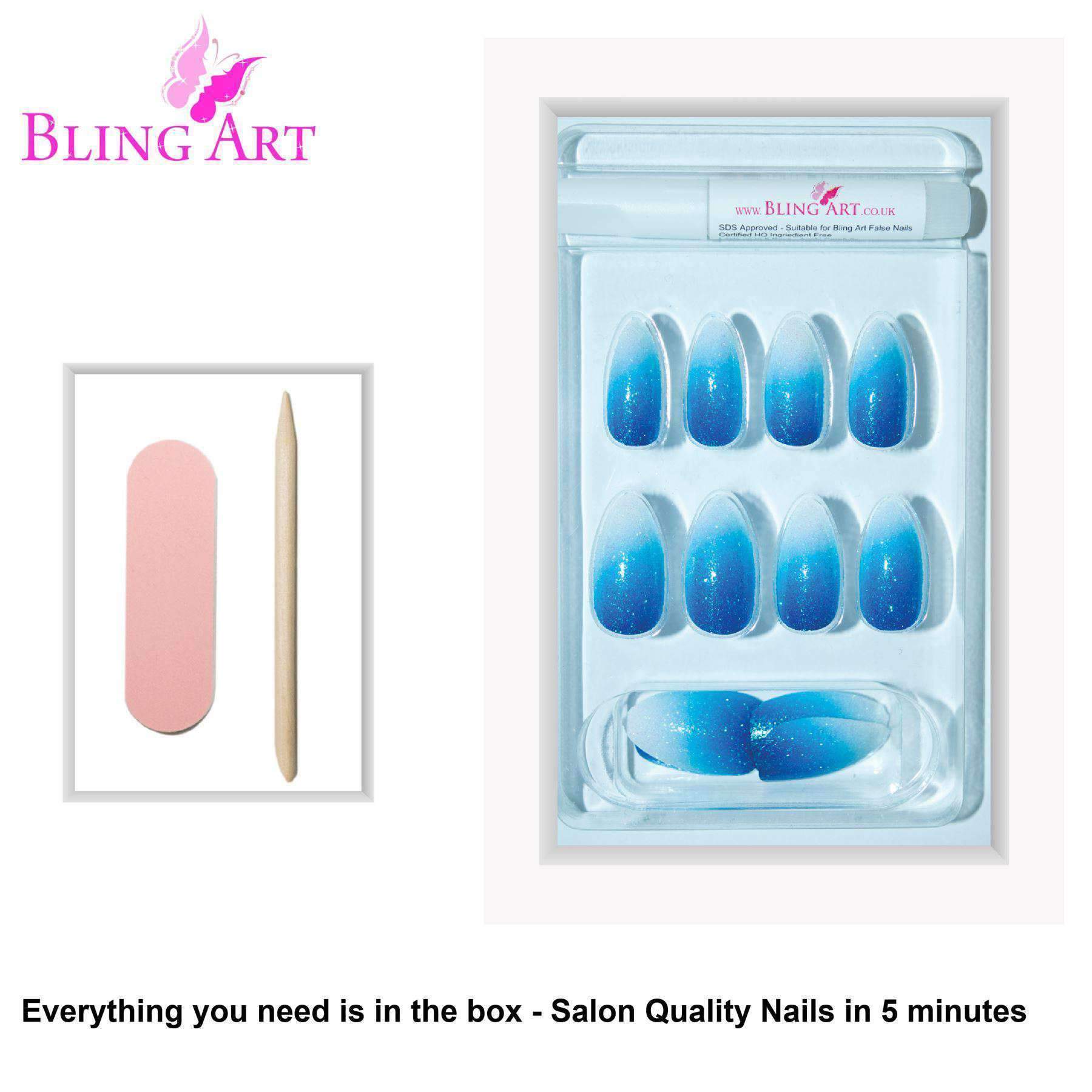 Bling Art Blue Gel Ombre Almond Stiletto Fake Nails set with 24 acrylic tips, glue, nail file, and cuticle stick.