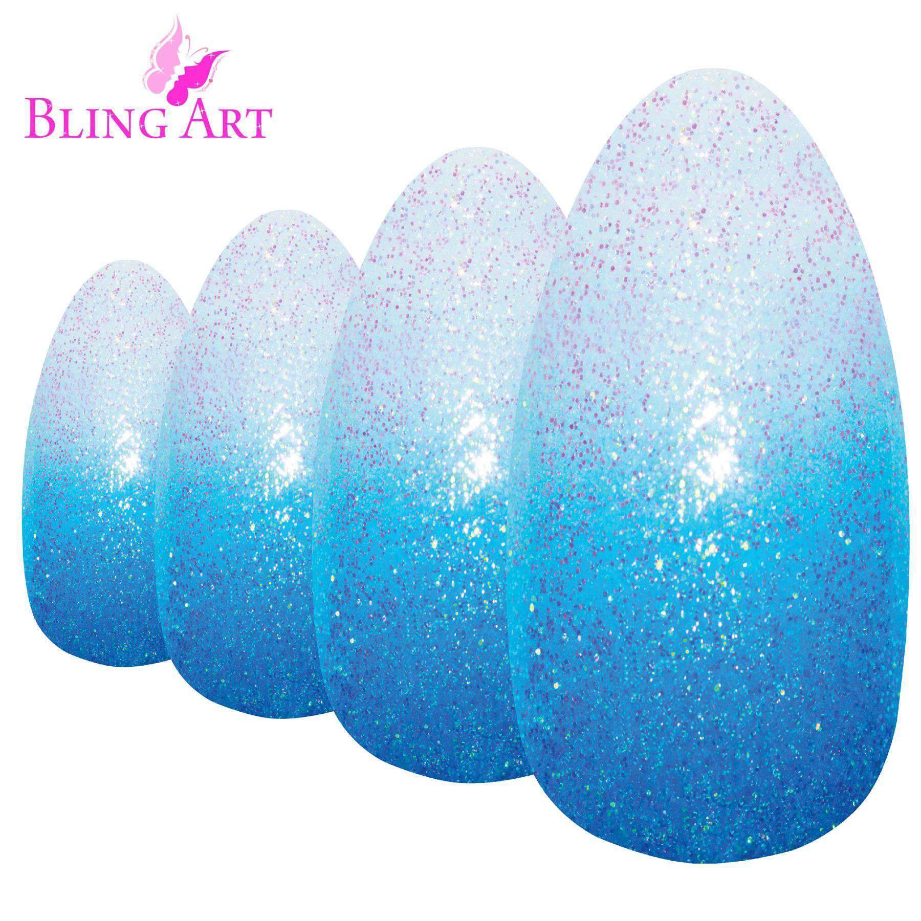 Bling Art Blue Gel Ombre Almond Stiletto Fake Nails set with 24 acrylic tips, glue, nail file, and cuticle stick.