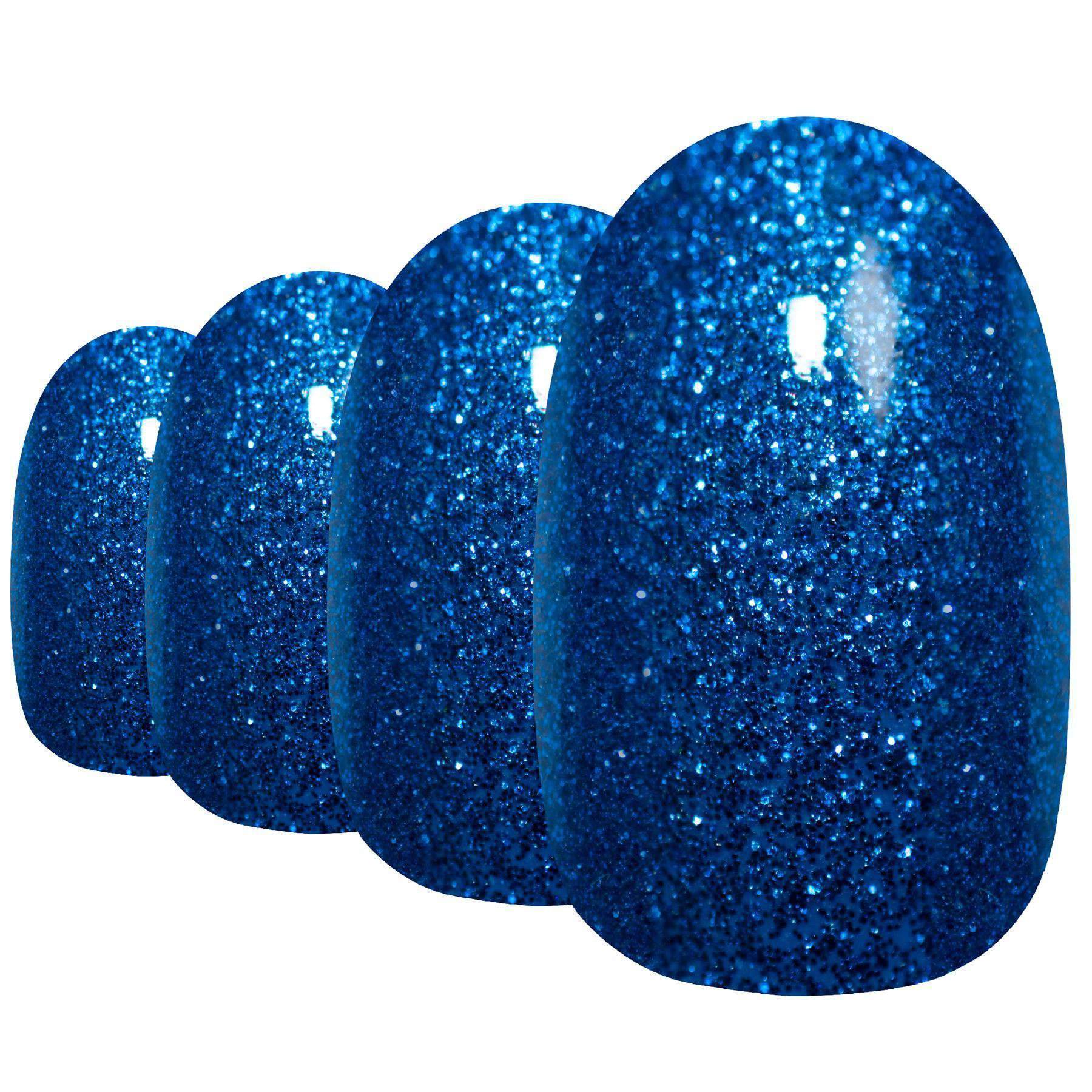 Bling Art Blue Gel Oval Medium Fake Acrylic Nails set with 24 tips, glue, nail file, and cuticle stick in vibrant Marina Blue color.