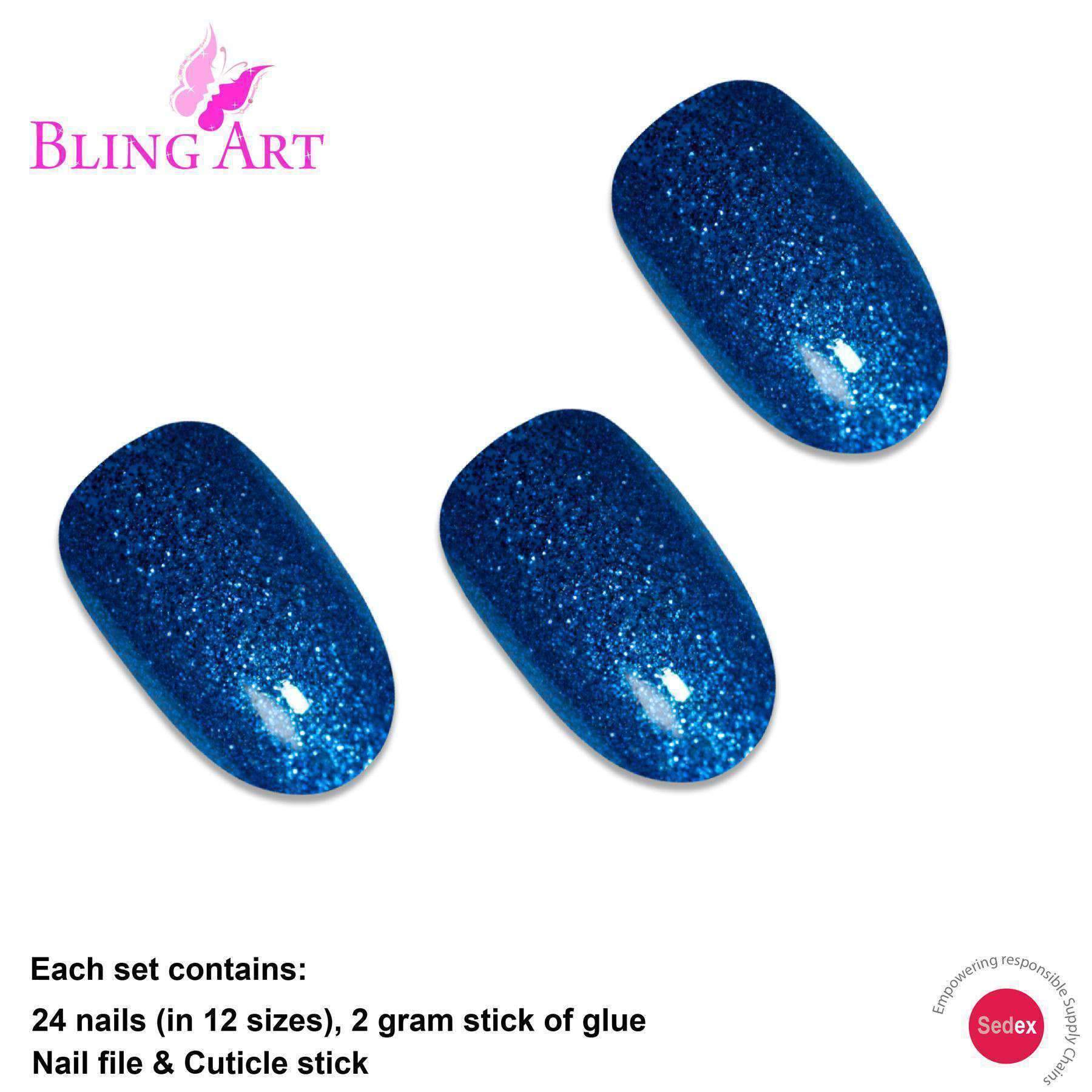 Bling Art Blue Gel Oval Medium Fake Acrylic Nails set with 24 tips, glue, nail file, and cuticle stick in vibrant Marina Blue color.