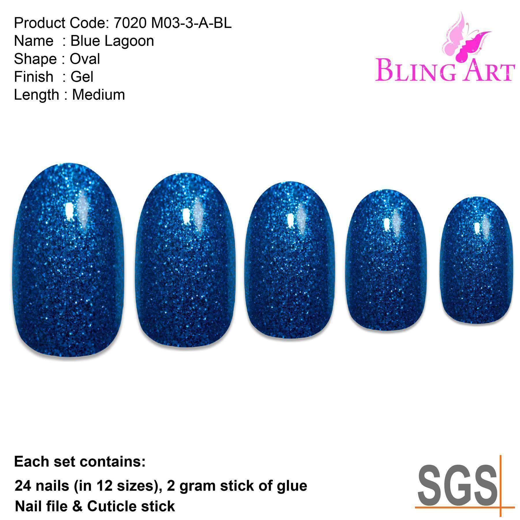 Bling Art Blue Gel Oval Medium Fake Acrylic Nails set with 24 tips, glue, nail file, and cuticle stick in vibrant Marina Blue color.