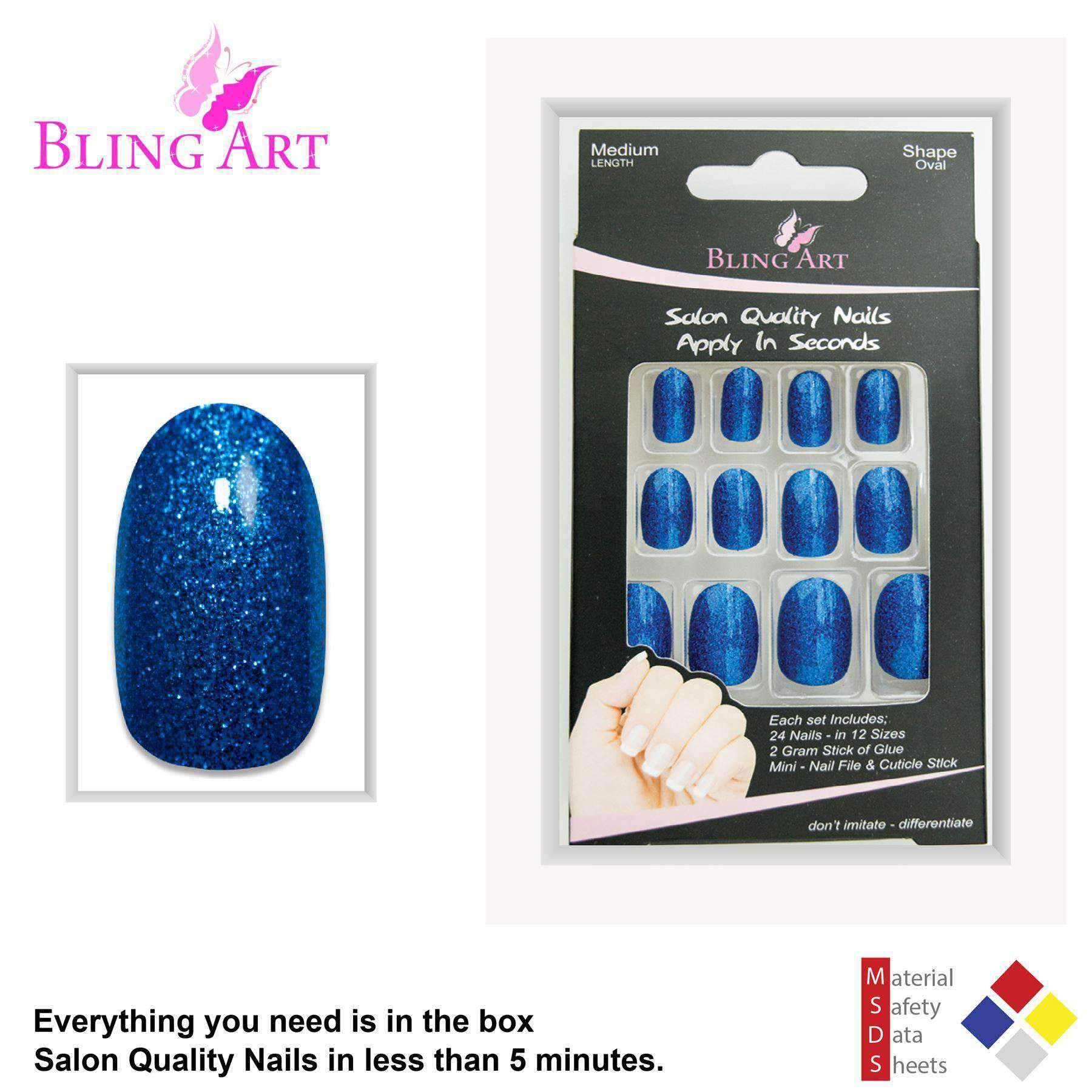 Bling Art Blue Gel Oval Medium Fake Acrylic Nails set with 24 tips, glue, nail file, and cuticle stick in vibrant Marina Blue color.
