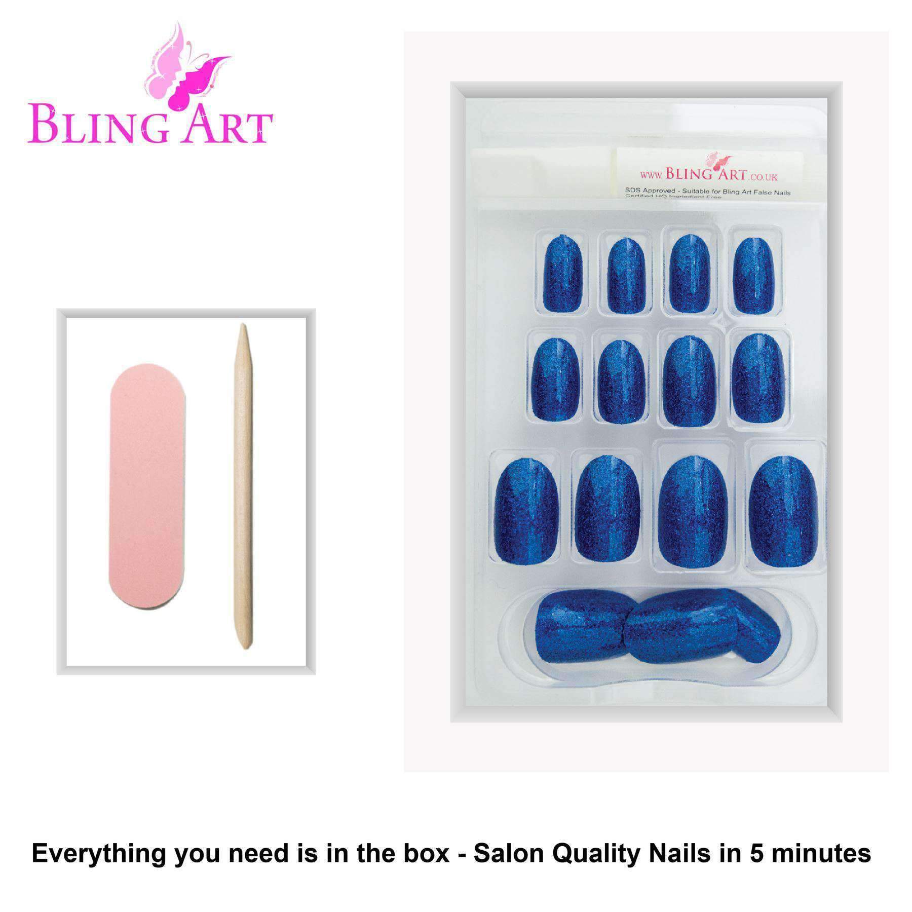 Bling Art Blue Gel Oval Medium Fake Acrylic Nails set with 24 tips, glue, nail file, and cuticle stick in vibrant Marina Blue color.