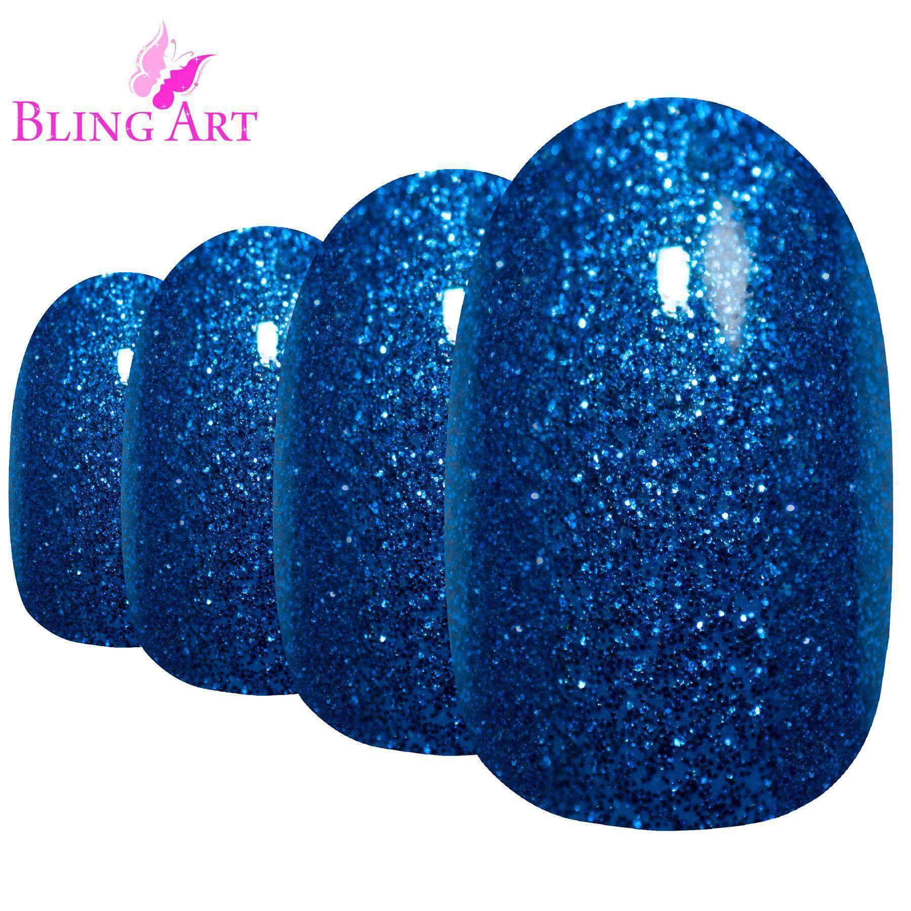 Bling Art Blue Gel Oval Medium Fake Acrylic Nails set with 24 tips, glue, nail file, and cuticle stick in vibrant Marina Blue color.