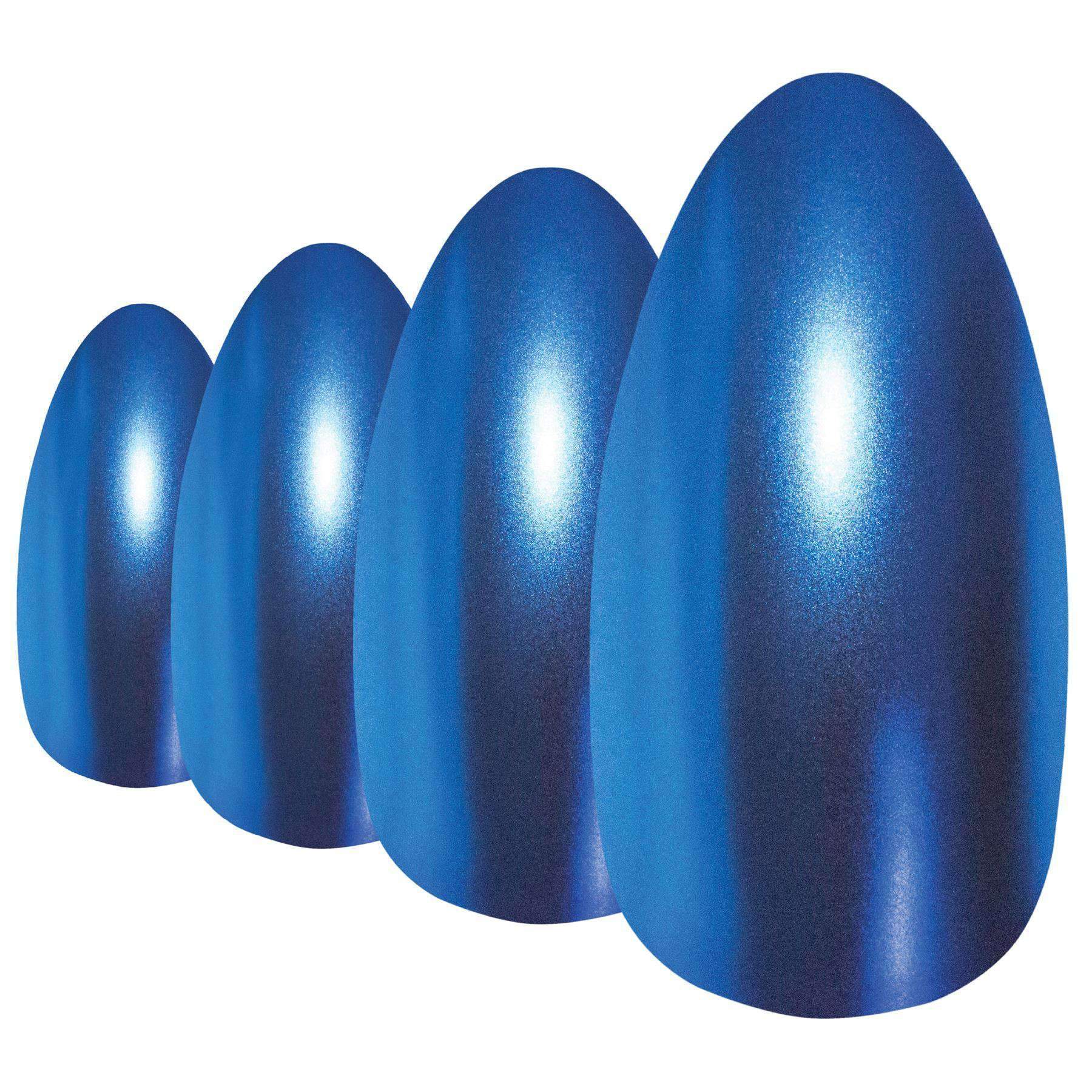 Bling Art Blue Matte Metallic Almond Stiletto Fake Nails displayed with nail file and cuticle stick.