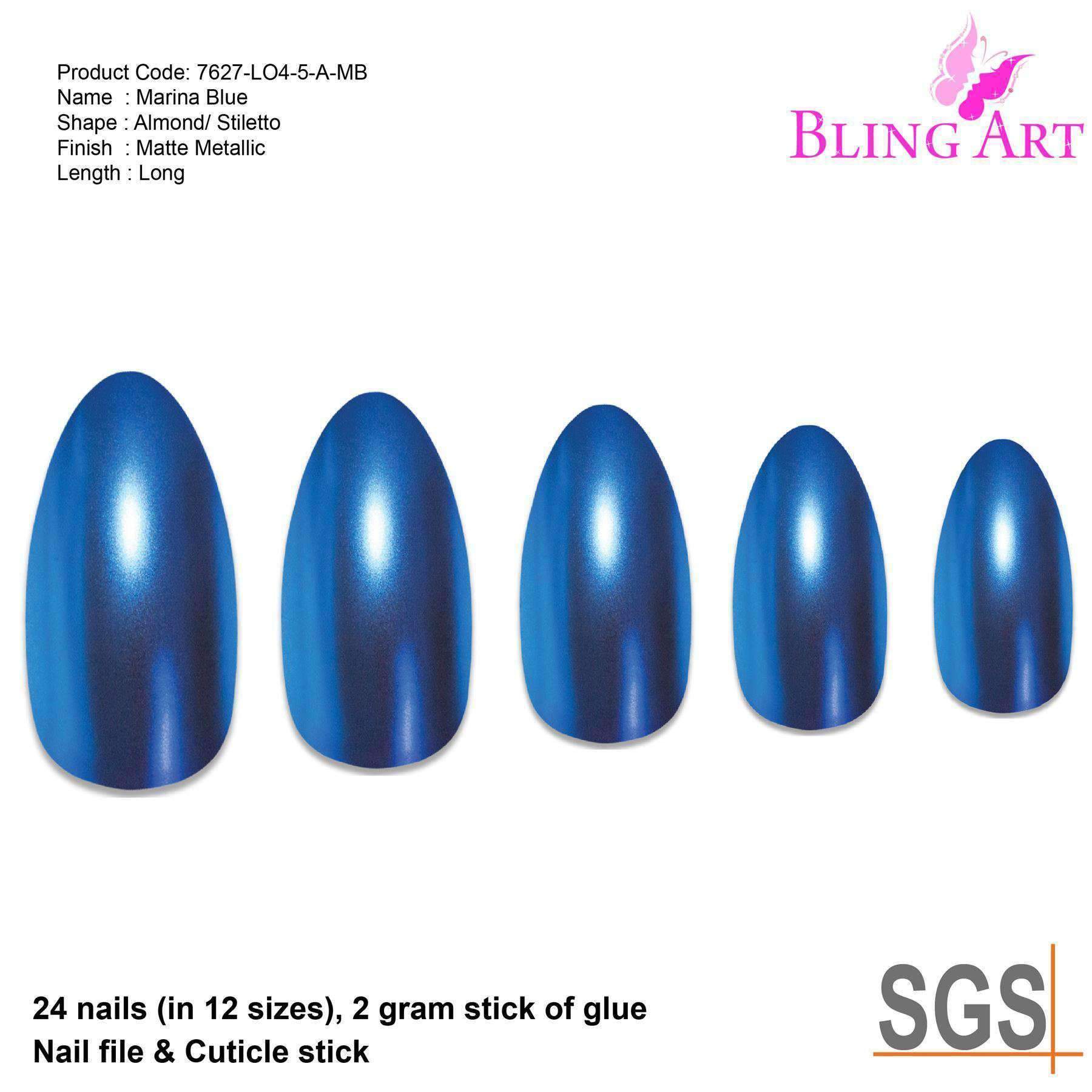 Bling Art Blue Matte Metallic Almond Stiletto Fake Nails displayed with nail file and cuticle stick.