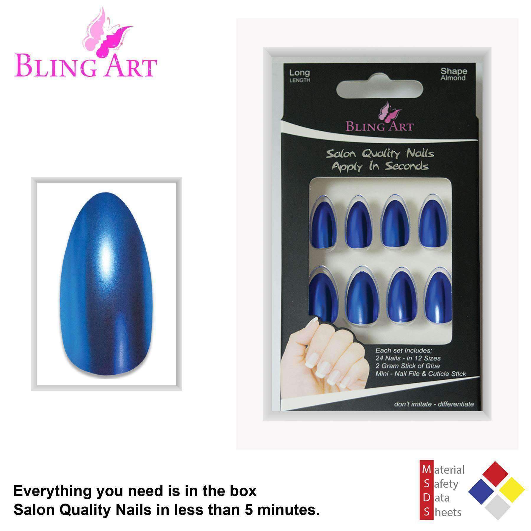 Bling Art Blue Matte Metallic Almond Stiletto Fake Nails displayed with nail file and cuticle stick.
