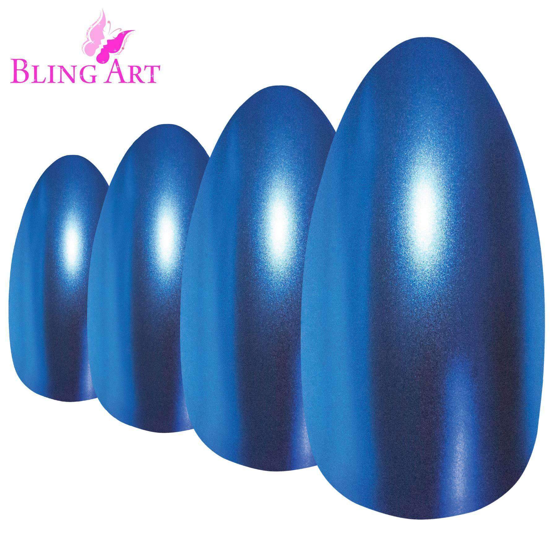 Bling Art Blue Matte Metallic Almond Stiletto Fake Nails displayed with nail file and cuticle stick.