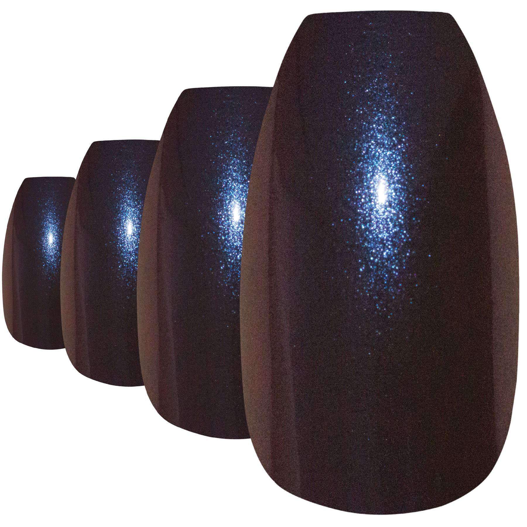 Bling Art Blue Purple Chameleon Ballerina Coffin False Nails set with 24 acrylic tips, glue, nail file, and cuticle stick.