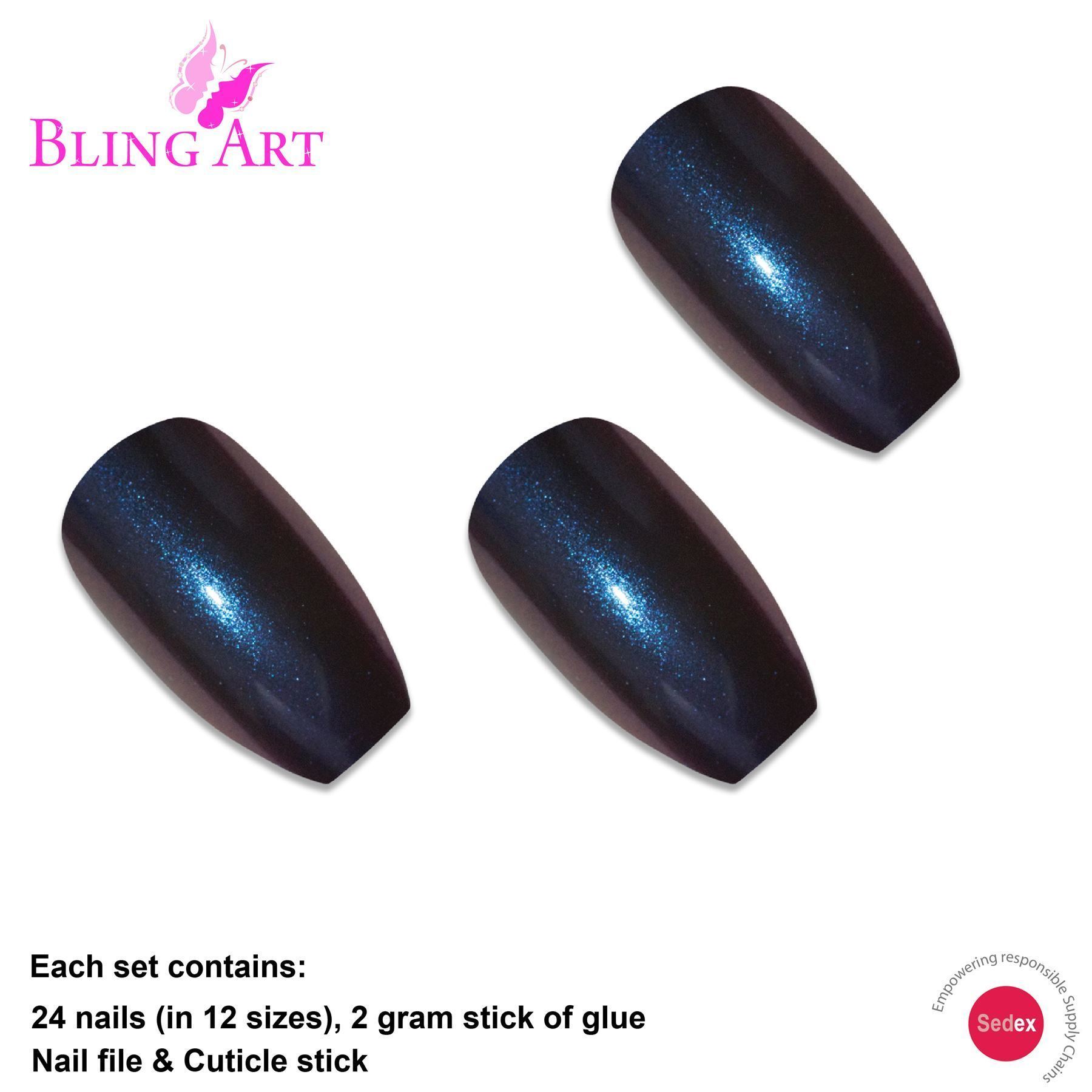 Bling Art Blue Purple Chameleon Ballerina Coffin False Nails set with 24 acrylic tips, glue, nail file, and cuticle stick.