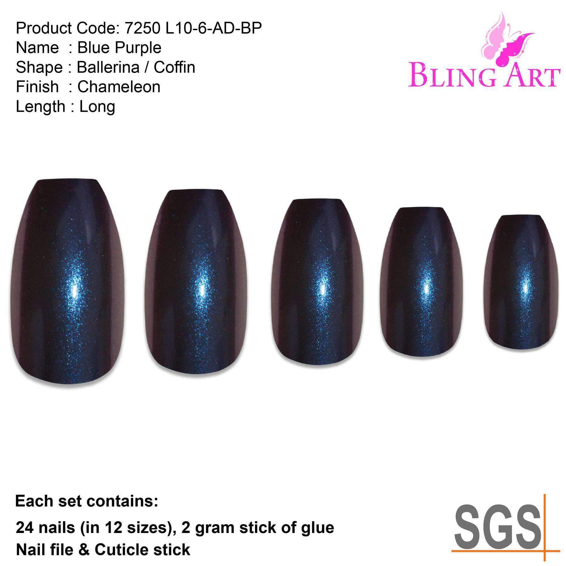 Bling Art Blue Purple Chameleon Ballerina Coffin False Nails set with 24 acrylic tips, glue, nail file, and cuticle stick.