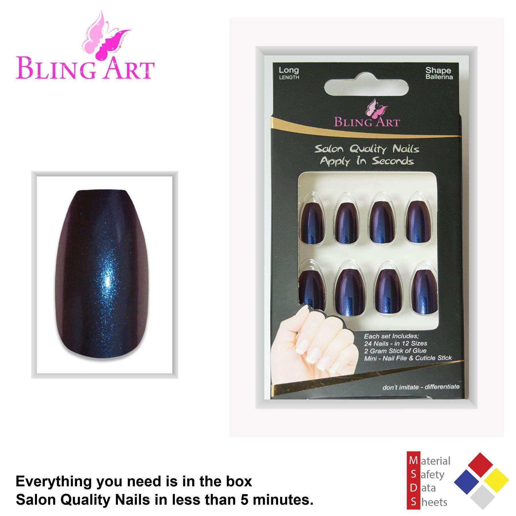 Bling Art Blue Purple Chameleon Ballerina Coffin False Nails set with 24 acrylic tips, glue, nail file, and cuticle stick.