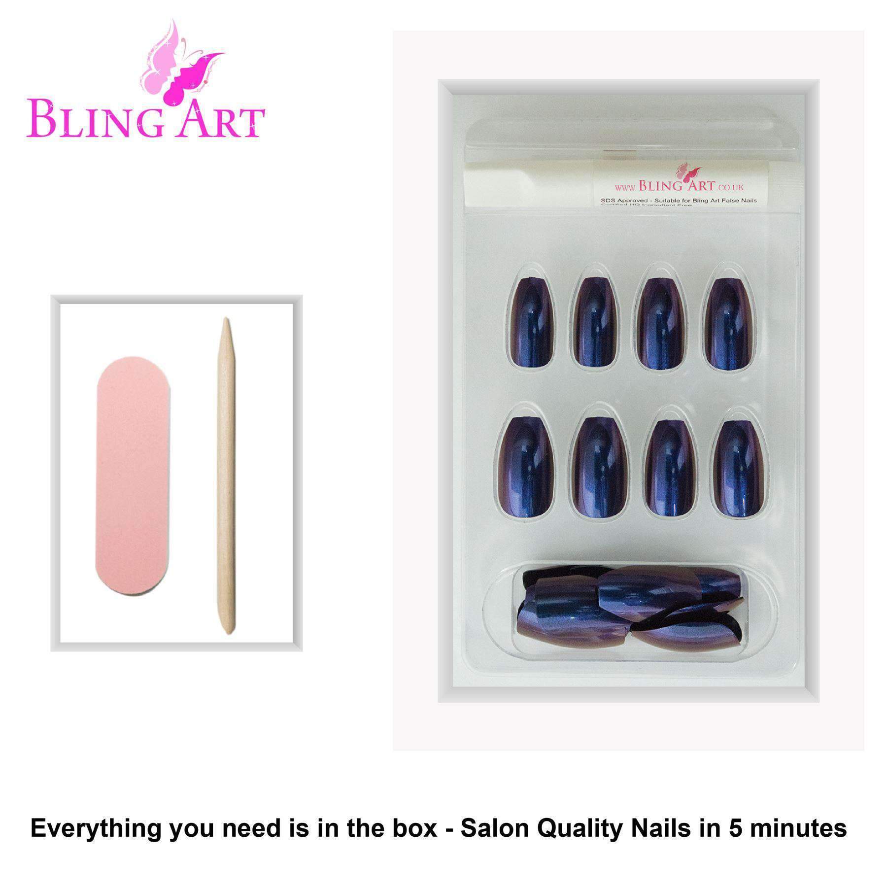 Bling Art Blue Purple Chameleon Ballerina Coffin False Nails set with 24 acrylic tips, glue, nail file, and cuticle stick.