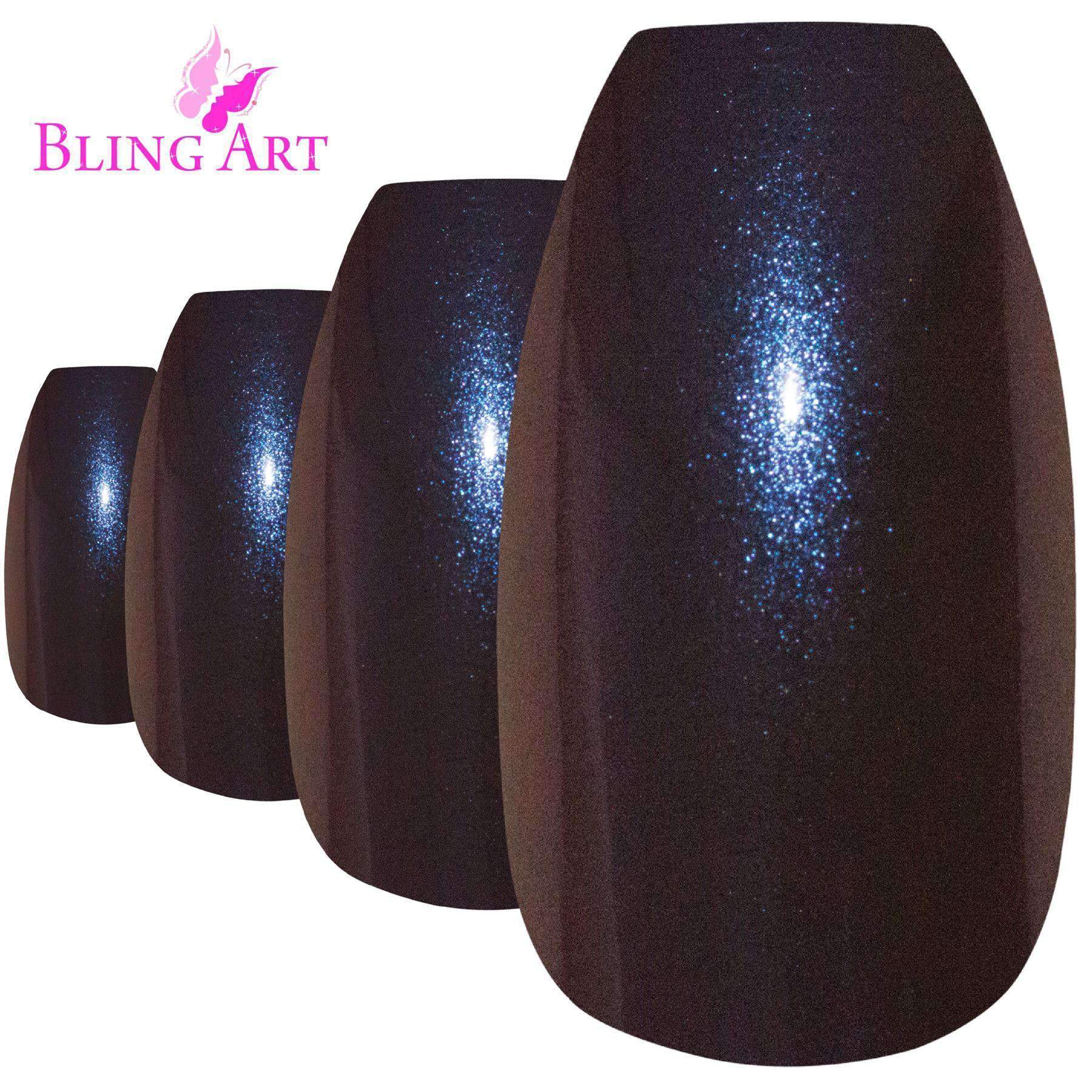 Bling Art Blue Purple Chameleon Ballerina Coffin False Nails set with 24 acrylic tips, glue, nail file, and cuticle stick.