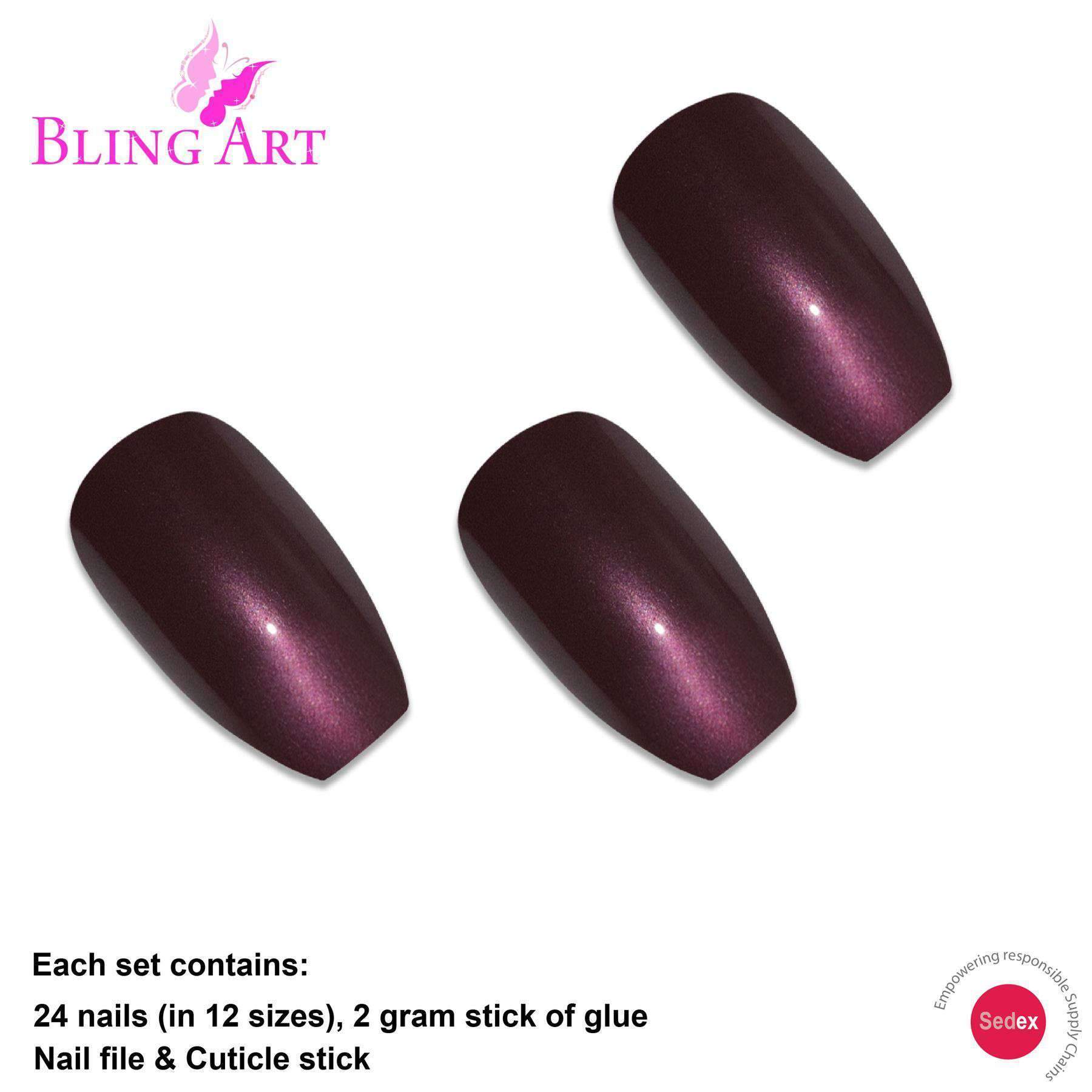 Bling Art Brown Glitter Ballerina Coffin Fake Nails set with 24 acrylic tips, glue, nail file, and cuticle stick in an elegant display.