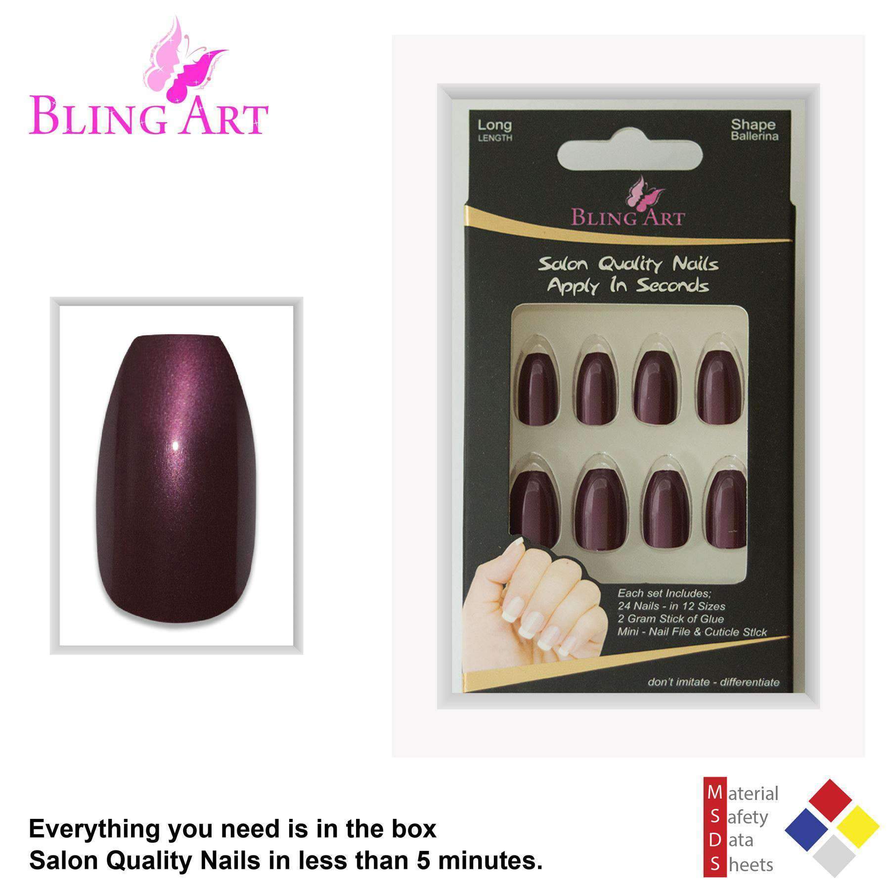 Bling Art Brown Glitter Ballerina Coffin Fake Nails set with 24 acrylic tips, glue, nail file, and cuticle stick in an elegant display.