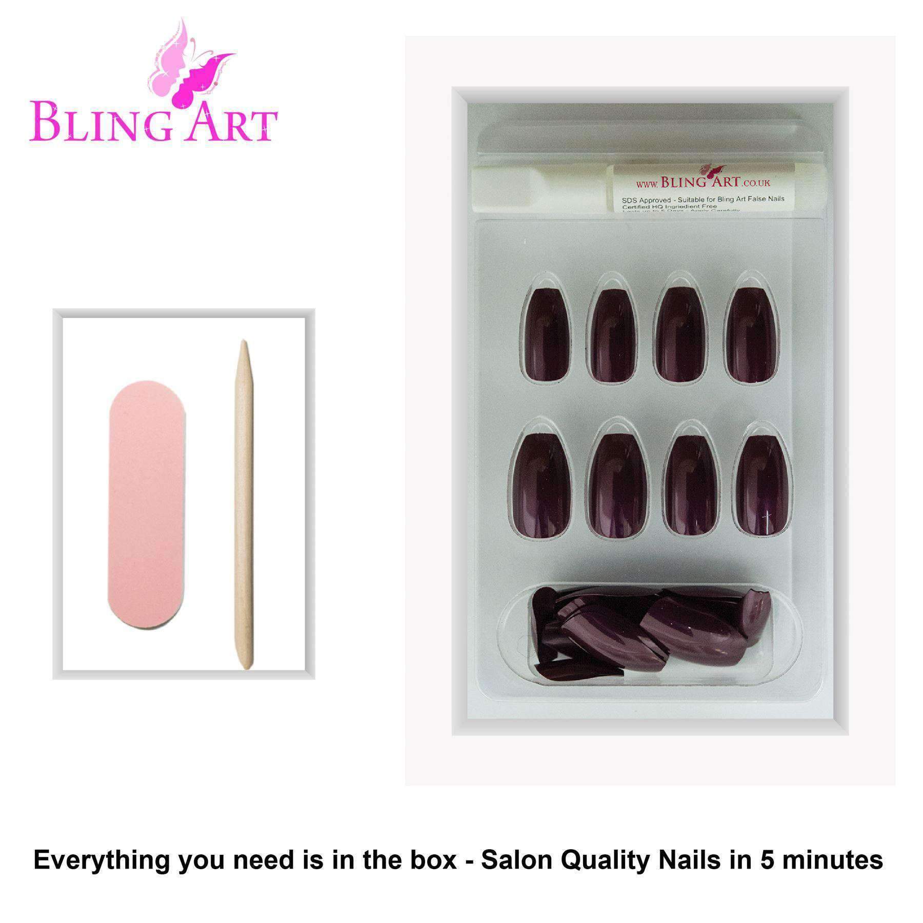 Bling Art Brown Glitter Ballerina Coffin Fake Nails set with 24 acrylic tips, glue, nail file, and cuticle stick in an elegant display.