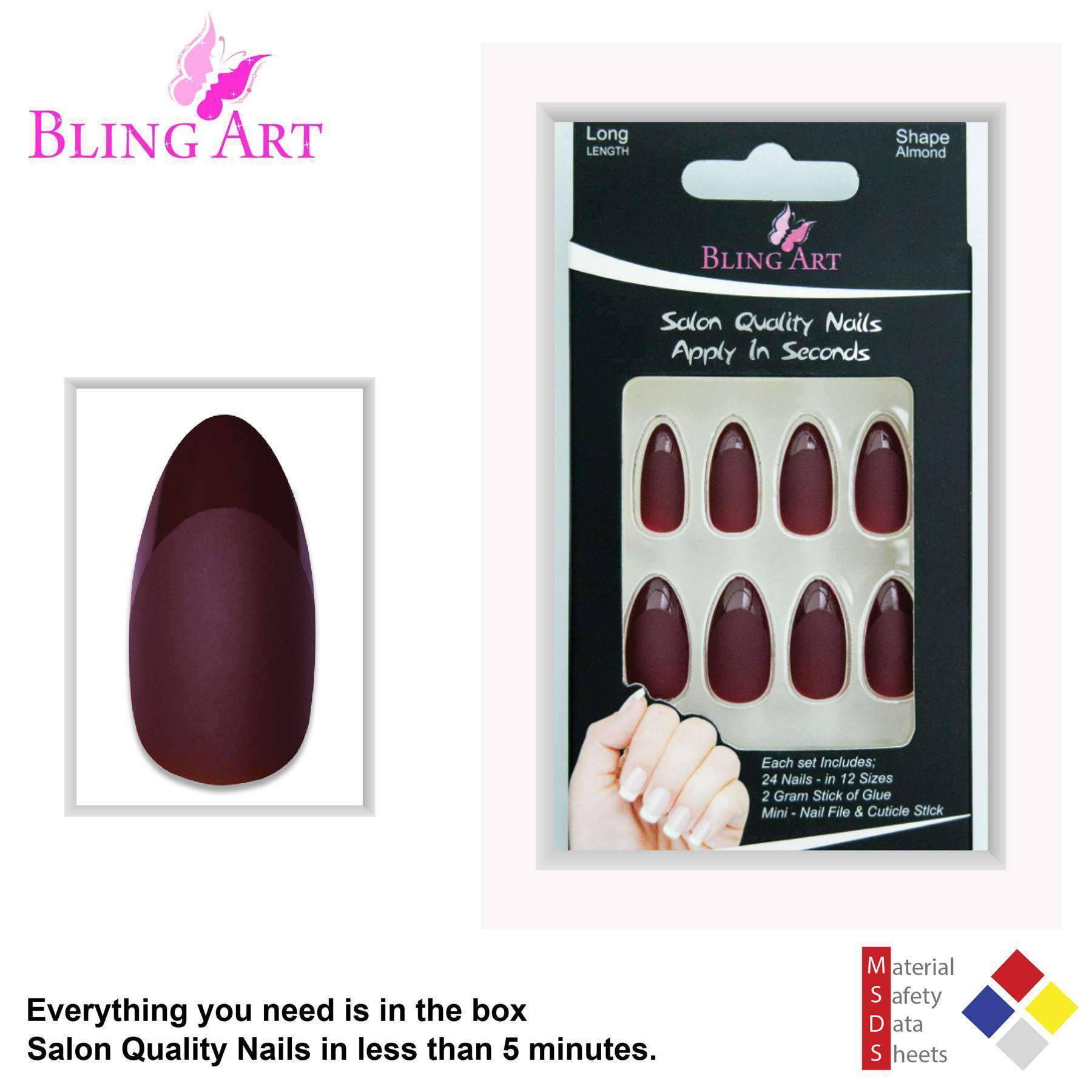 Bling Art Brown Matte Almond Stiletto false nails displayed with glue, nail file, and cuticle stick.