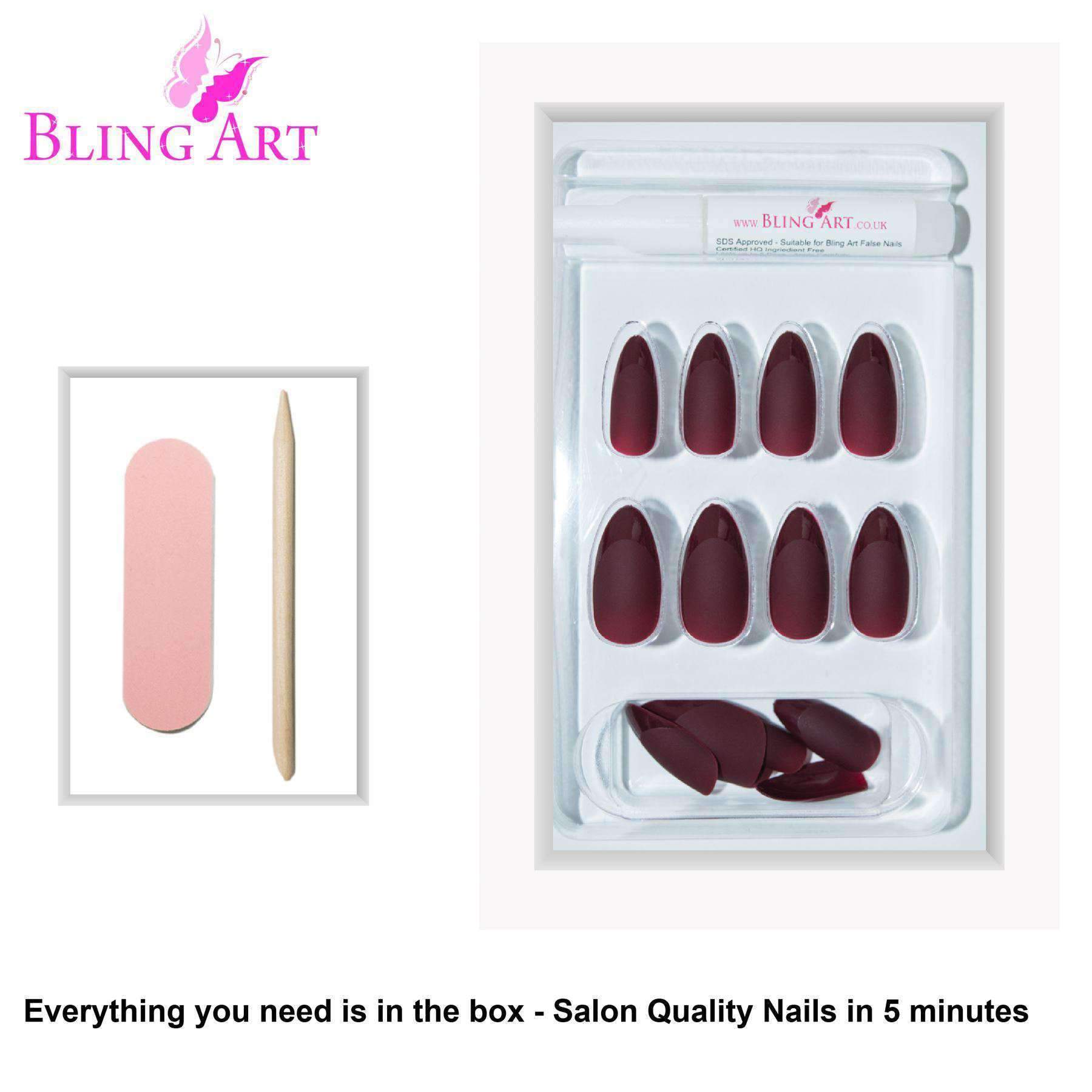 Bling Art Brown Matte Almond Stiletto false nails displayed with glue, nail file, and cuticle stick.