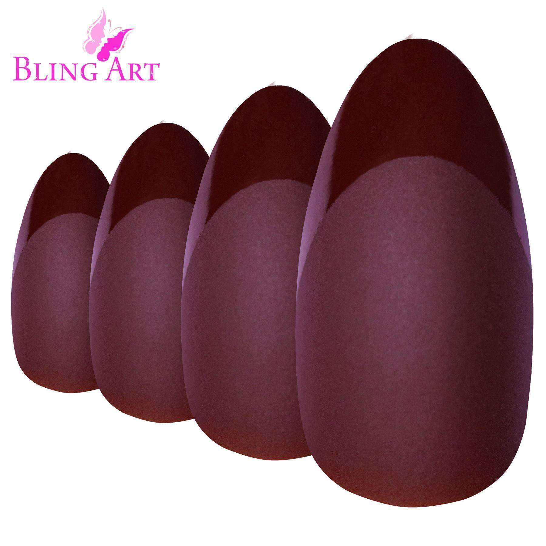 Bling Art Brown Matte Almond Stiletto false nails displayed with glue, nail file, and cuticle stick.