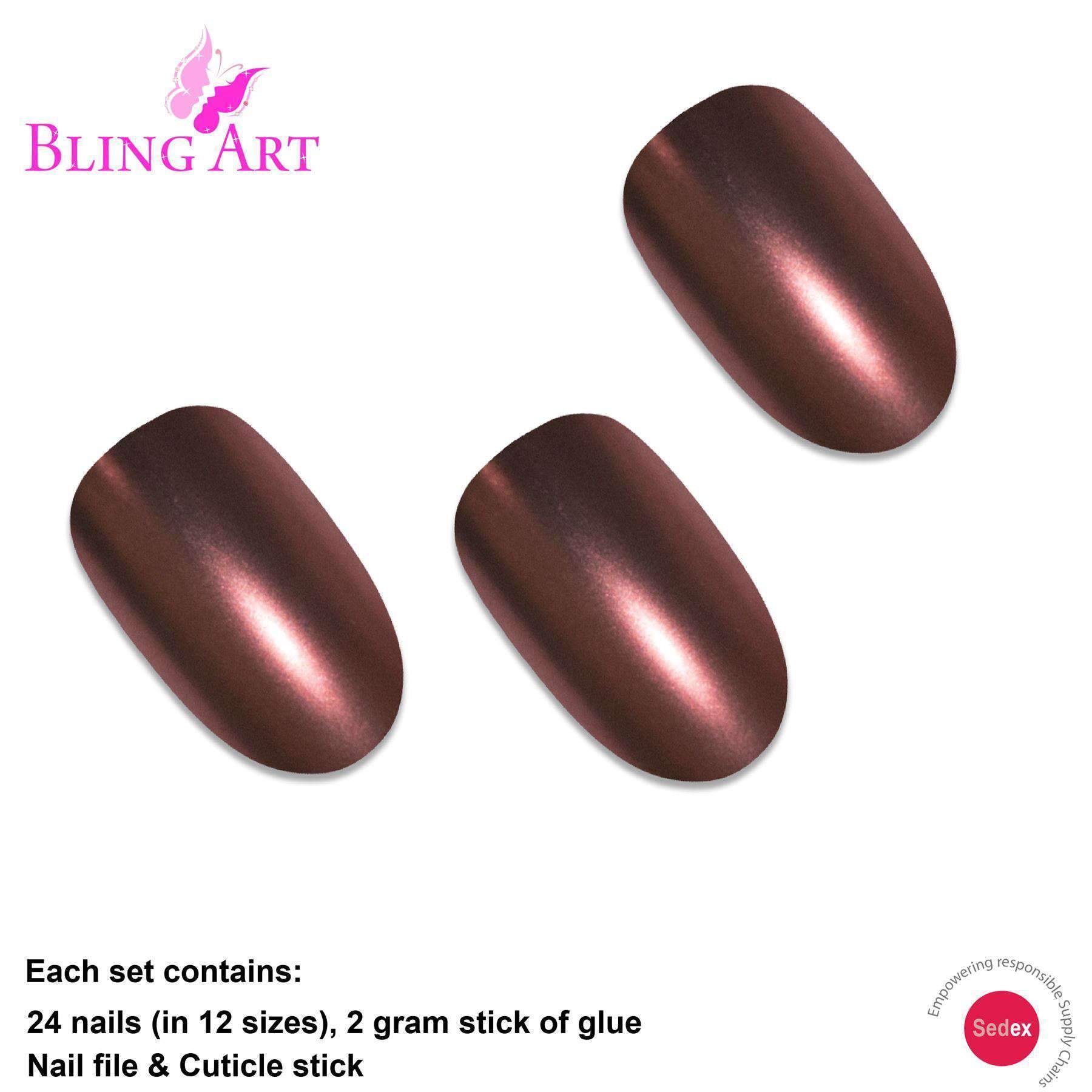 Bling Art Brown Matte Metallic Oval Medium Fake Acrylic Nails displayed with accessories including glue, nail file, and cuticle stick.
