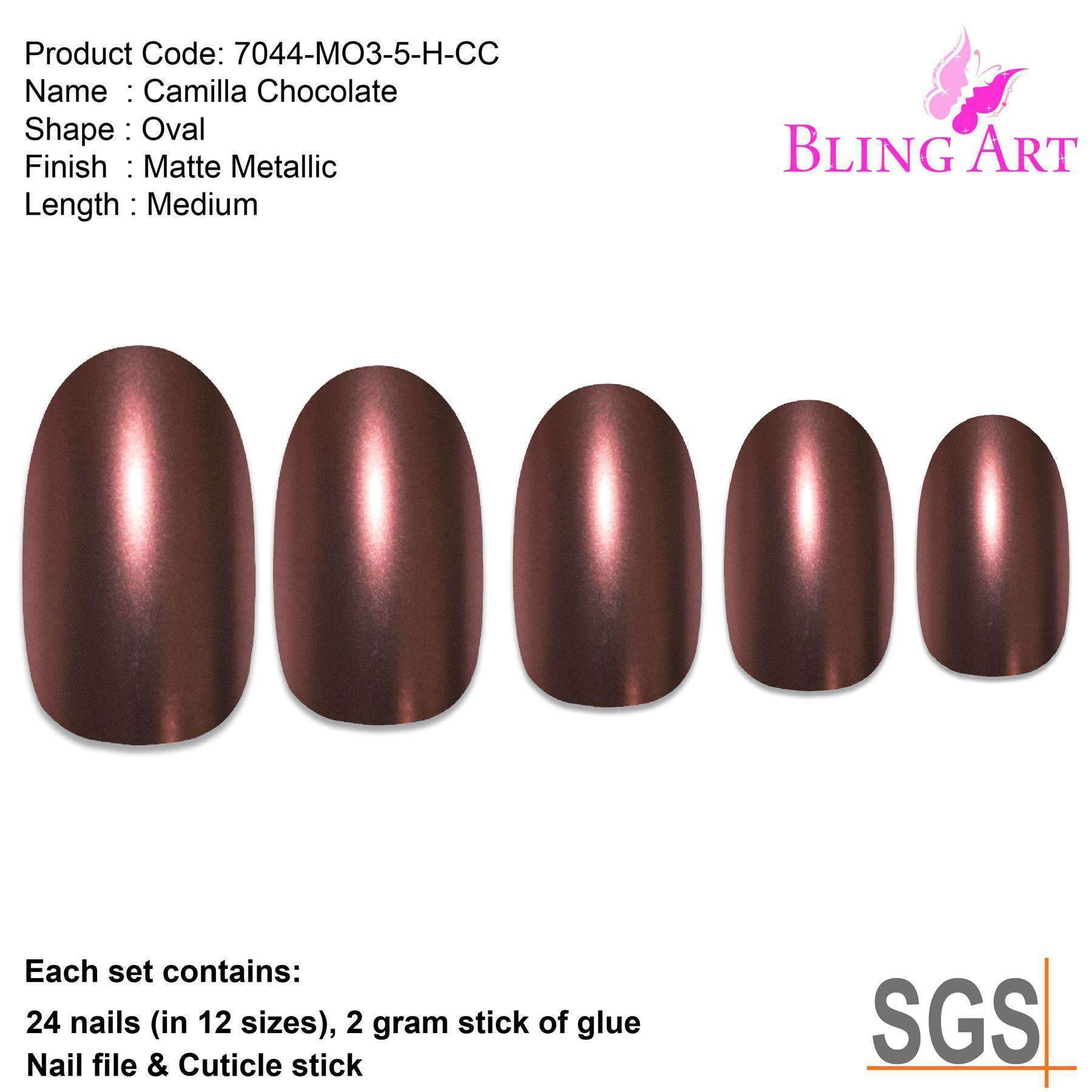 Bling Art Brown Matte Metallic Oval Medium Fake Acrylic Nails displayed with accessories including glue, nail file, and cuticle stick.