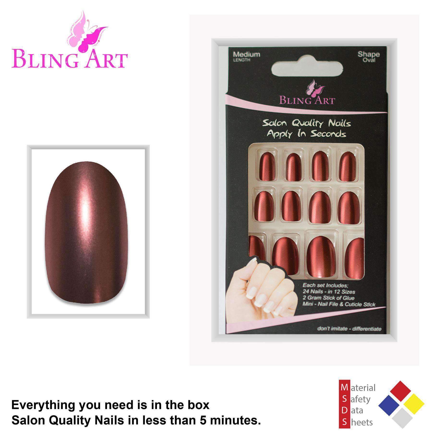 Bling Art Brown Matte Metallic Oval Medium Fake Acrylic Nails displayed with accessories including glue, nail file, and cuticle stick.