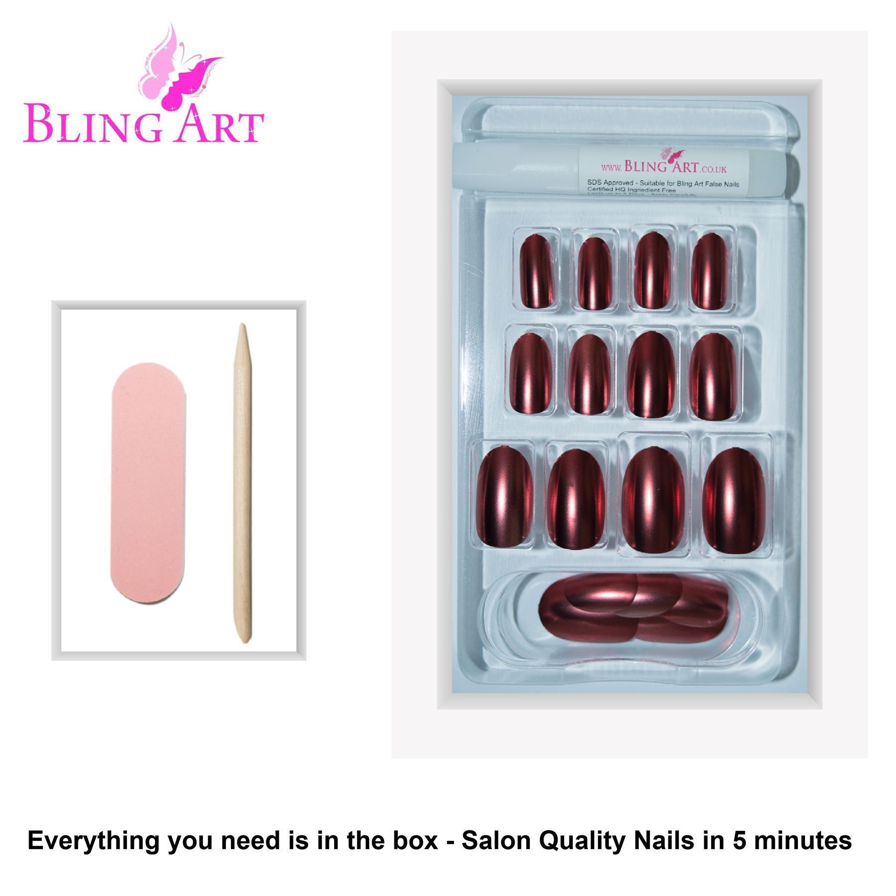 Bling Art Brown Matte Metallic Oval Medium Fake Acrylic Nails displayed with accessories including glue, nail file, and cuticle stick.