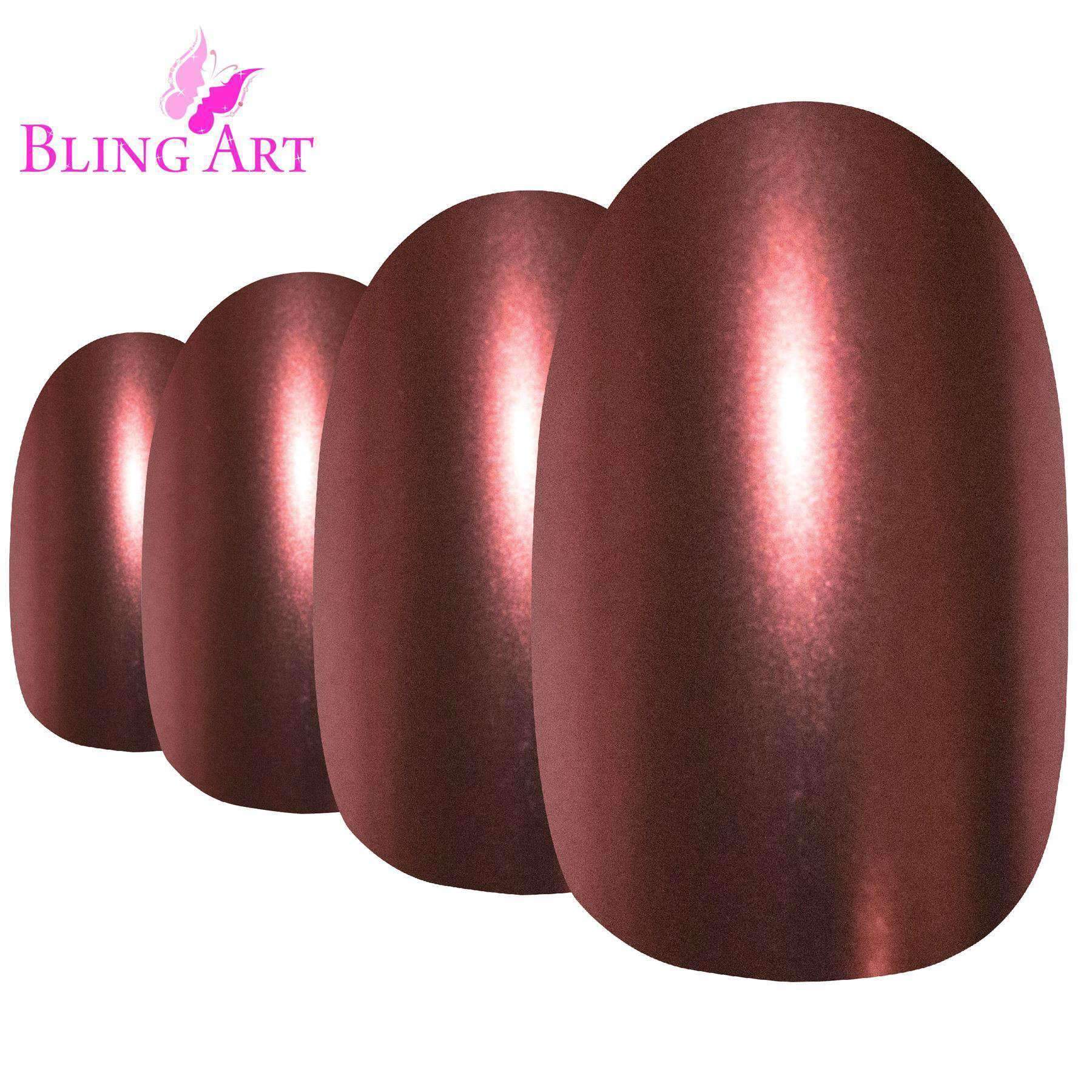 Bling Art Brown Matte Metallic Oval Medium Fake Acrylic Nails displayed with accessories including glue, nail file, and cuticle stick.