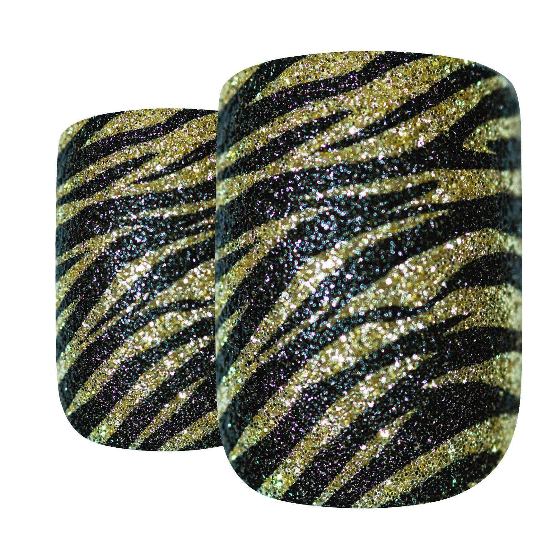 Bling Art Gold Black French Manicure false nails with golden camouflage design, including glue, nail file, and cuticle stick.