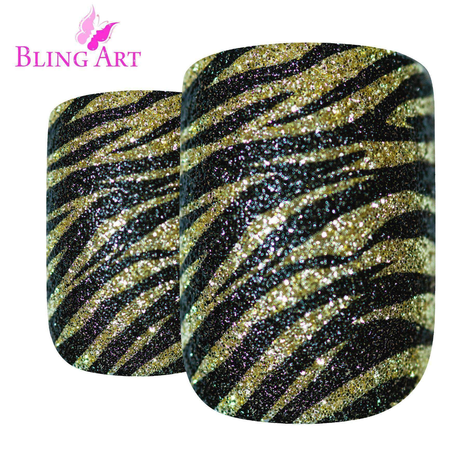Bling Art Gold Black French Manicure false nails with golden camouflage design, including glue, nail file, and cuticle stick.