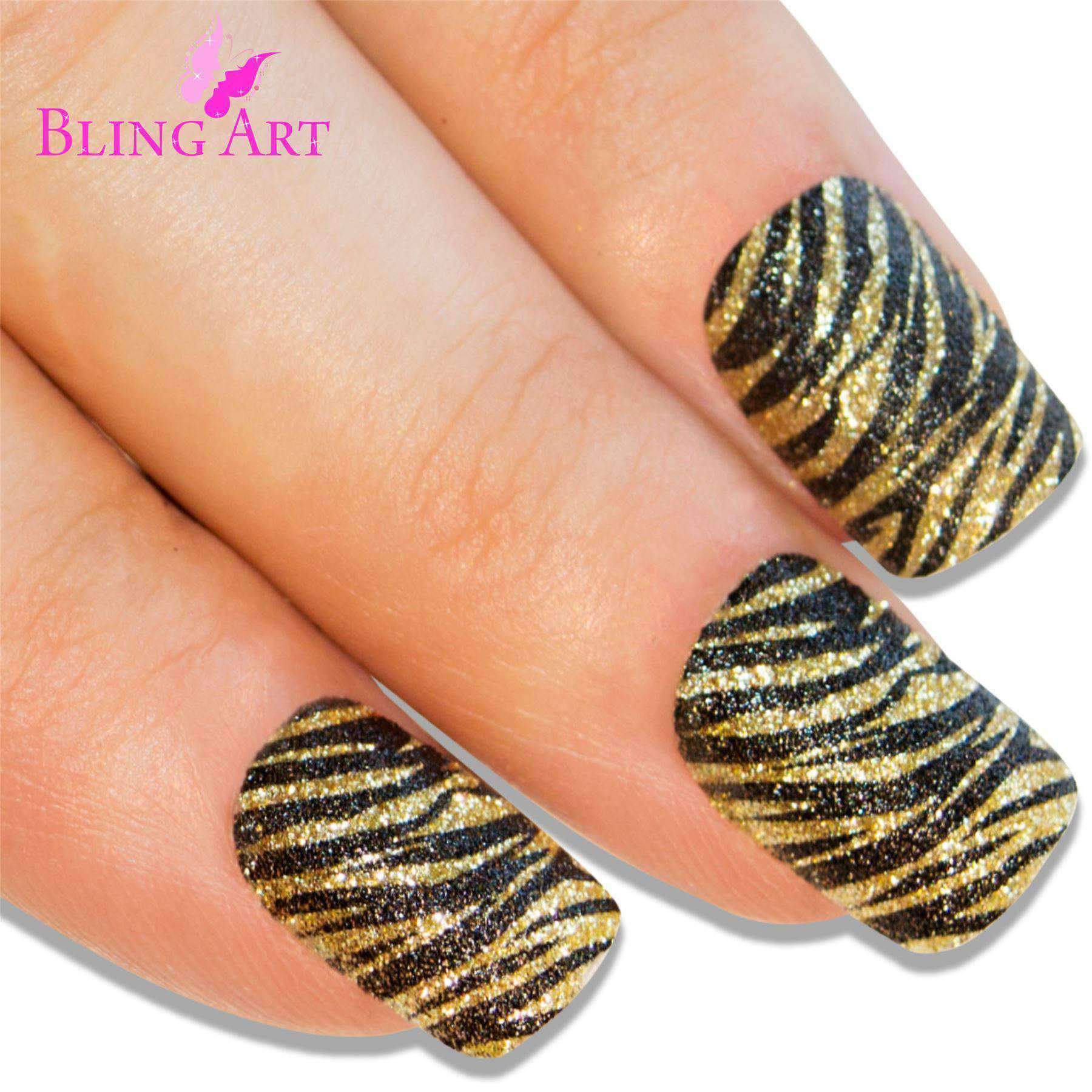 Bling Art Gold Black French Manicure false nails with golden camouflage design, including glue, nail file, and cuticle stick.