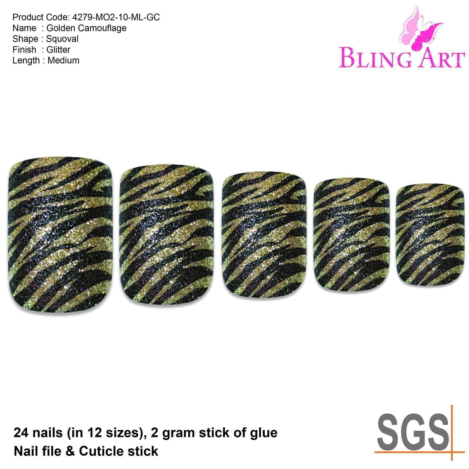 Bling Art Gold Black French Manicure false nails with golden camouflage design, including glue, nail file, and cuticle stick.