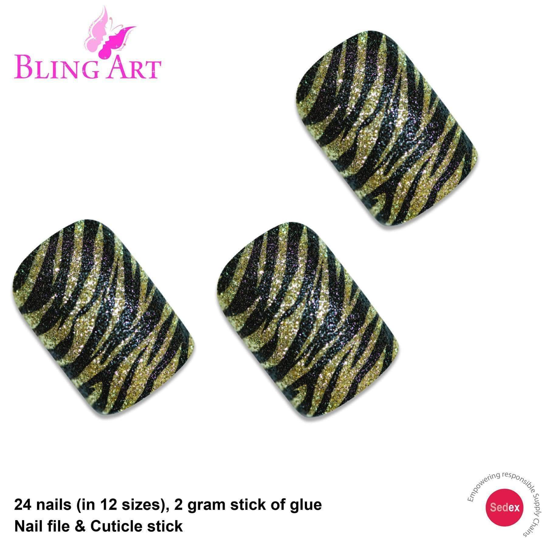 Bling Art Gold Black French Manicure false nails with golden camouflage design, including glue, nail file, and cuticle stick.