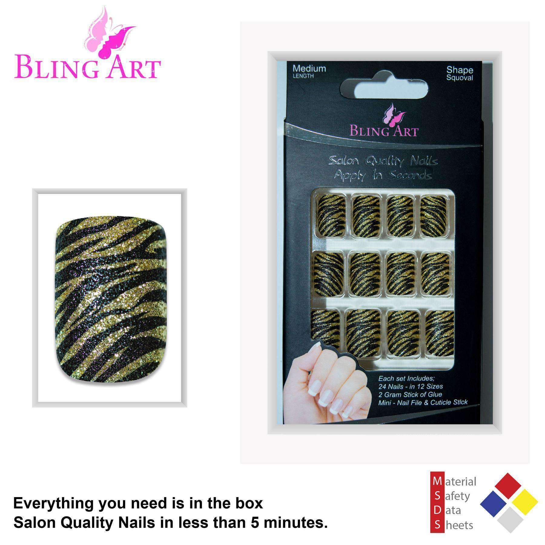 Bling Art Gold Black French Manicure false nails with golden camouflage design, including glue, nail file, and cuticle stick.