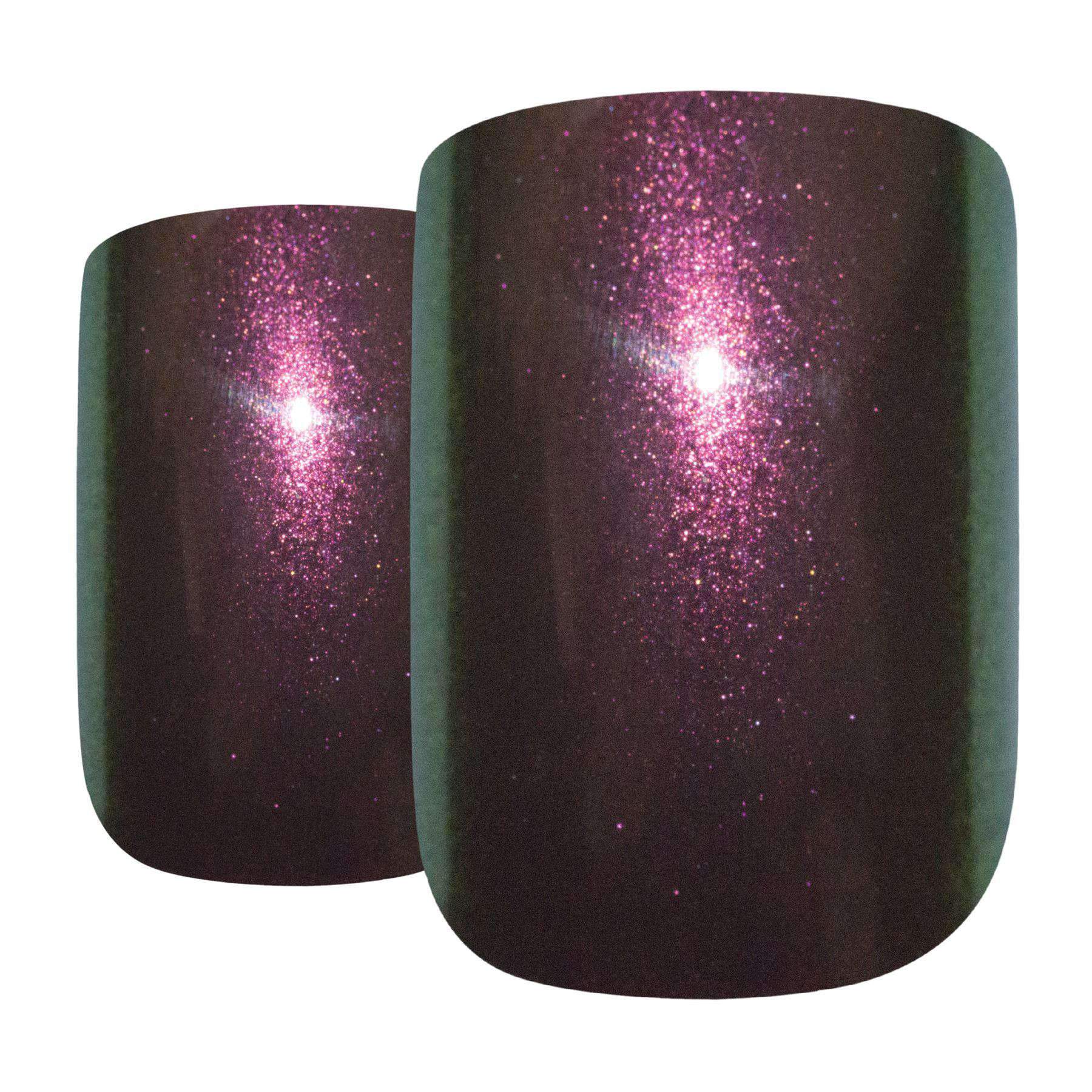 Bling Art Gold Green Chameleon French Squoval false nails displayed with included accessories like glue, nail file, and cuticle stick.