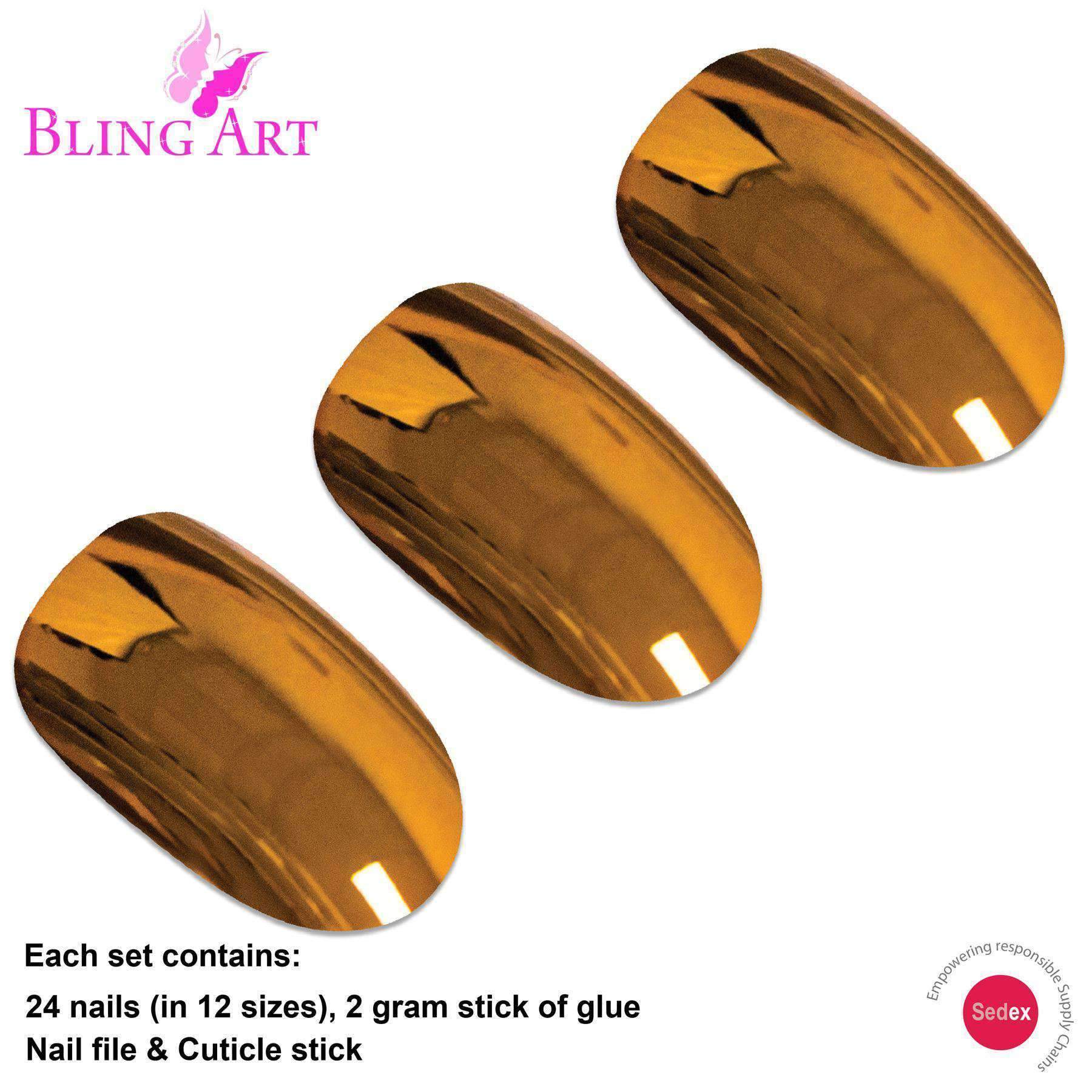 Bling Art Gold Metallic Oval Medium Fake Nails set with 24 acrylic tips, glue, nail file, and cuticle stick.