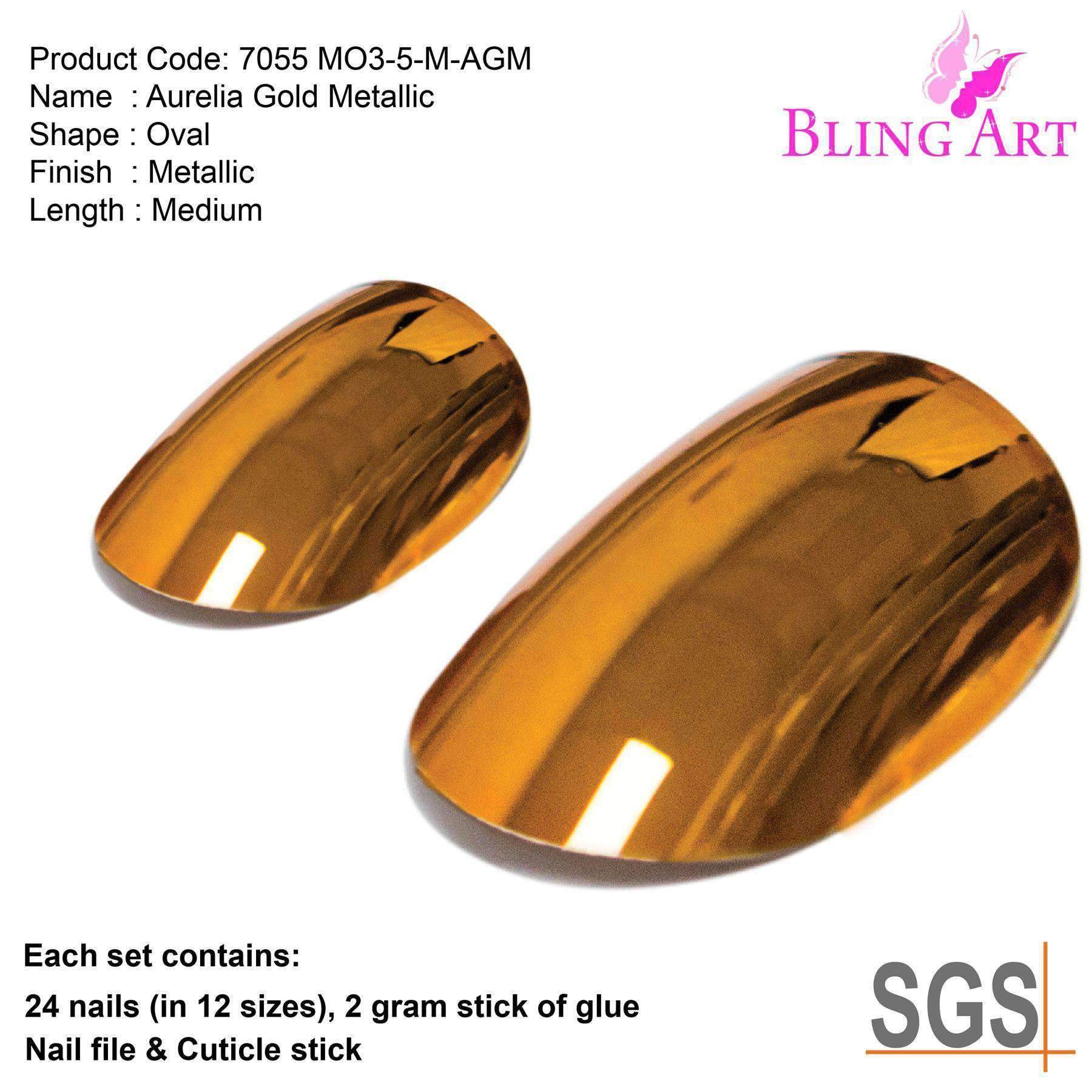 Bling Art Gold Metallic Oval Medium Fake Nails set with 24 acrylic tips, glue, nail file, and cuticle stick.