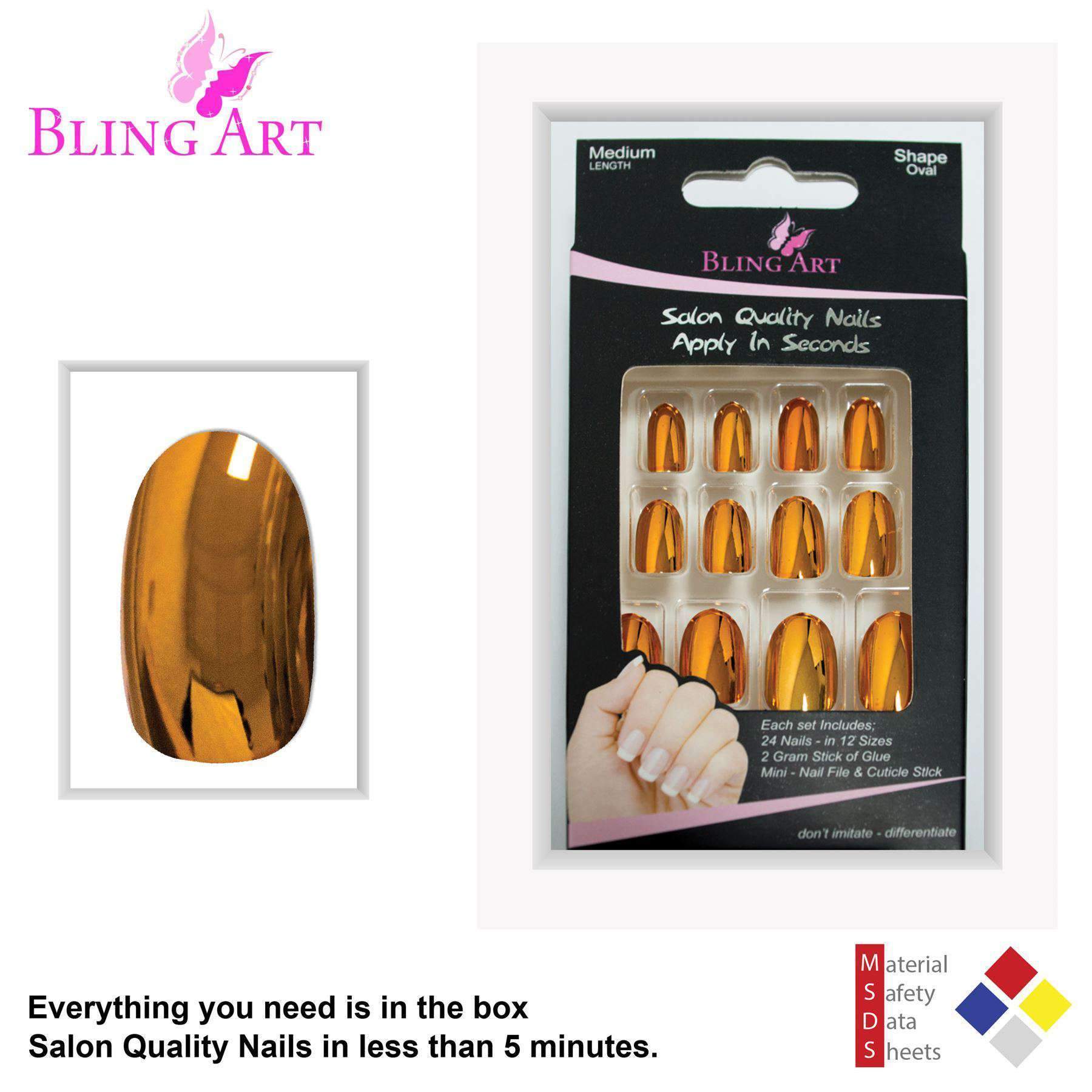 Bling Art Gold Metallic Oval Medium Fake Nails set with 24 acrylic tips, glue, nail file, and cuticle stick.