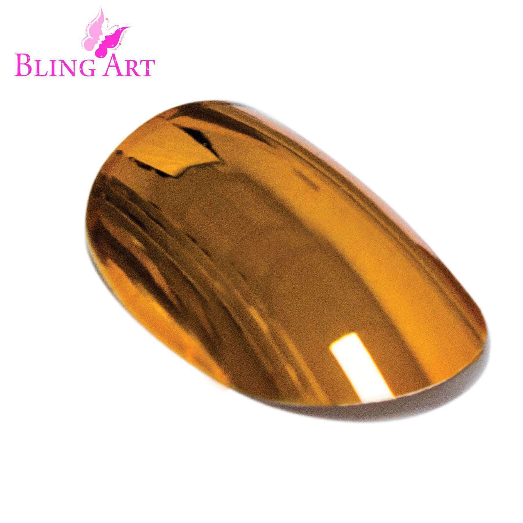 Bling Art Gold Metallic Oval Medium Fake Nails set with 24 acrylic tips, glue, nail file, and cuticle stick.