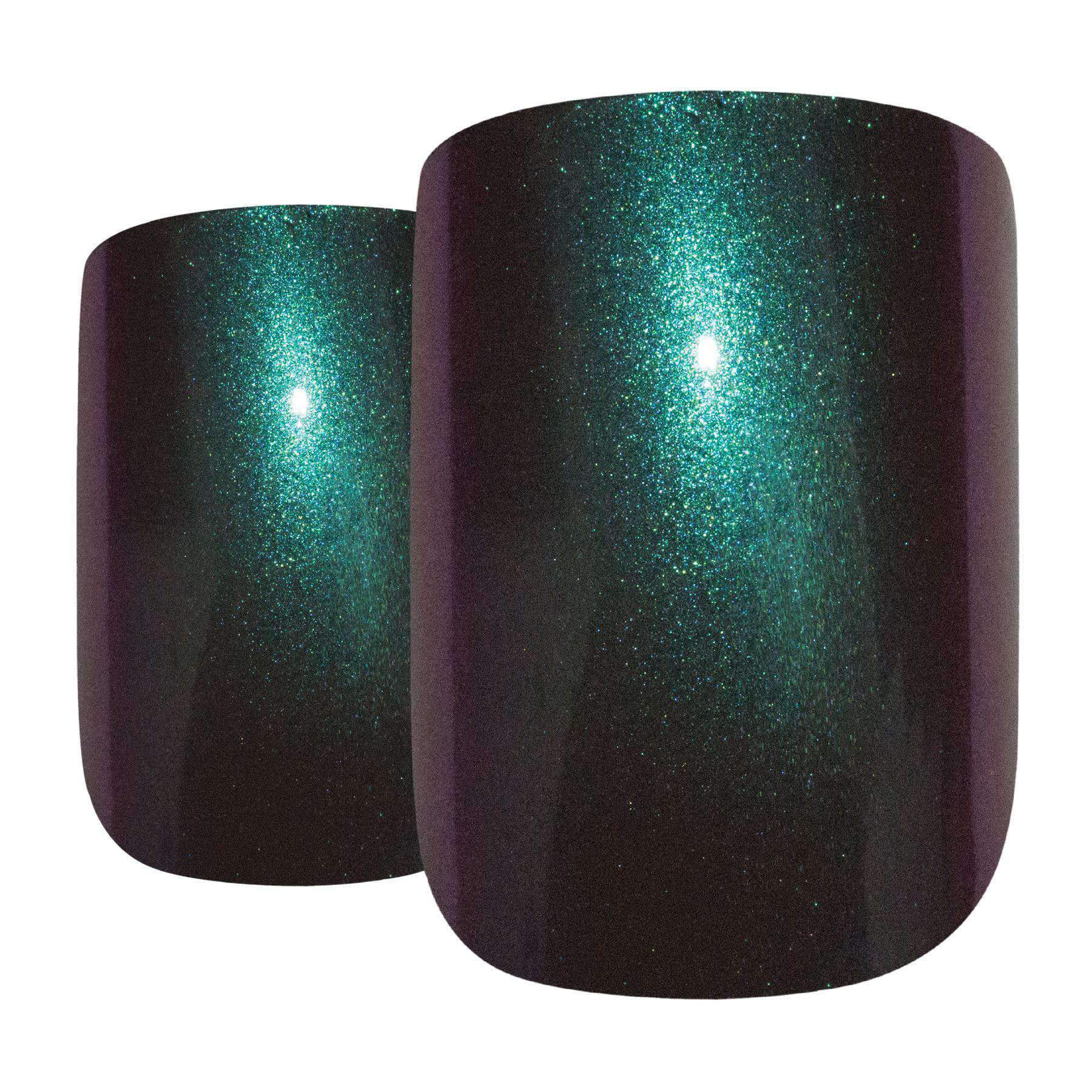 Bling Art Green Purple Chameleon French Squoval false nails displayed with included accessories like glue, nail file, and cuticle stick.