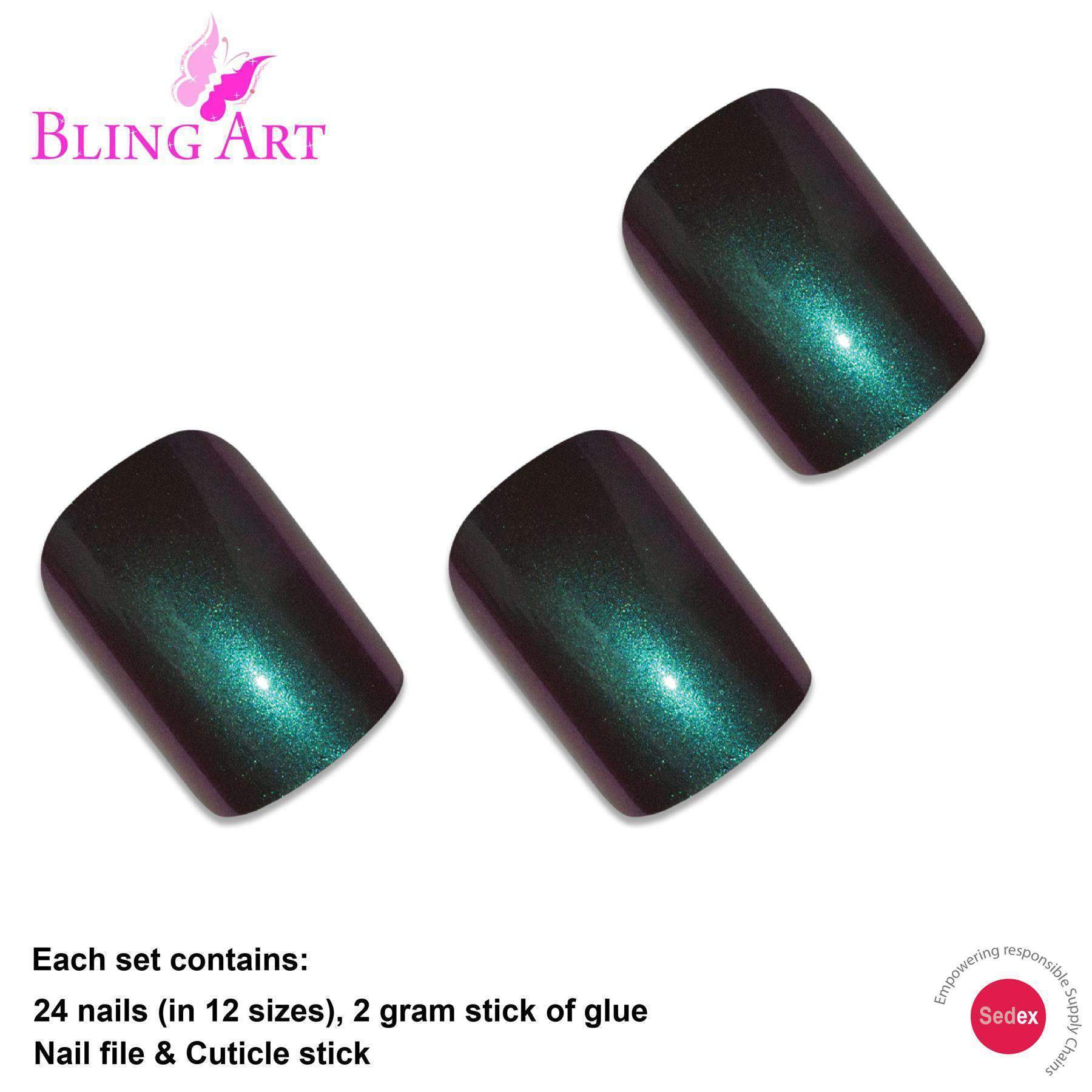 Bling Art Green Purple Chameleon French Squoval false nails displayed with included accessories like glue, nail file, and cuticle stick.