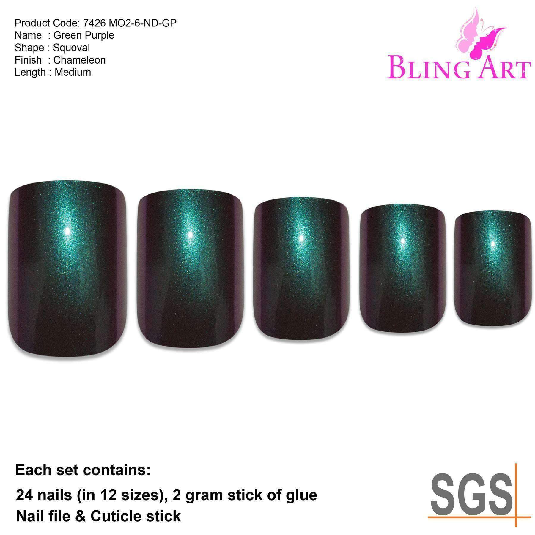 Bling Art Green Purple Chameleon French Squoval false nails displayed with included accessories like glue, nail file, and cuticle stick.